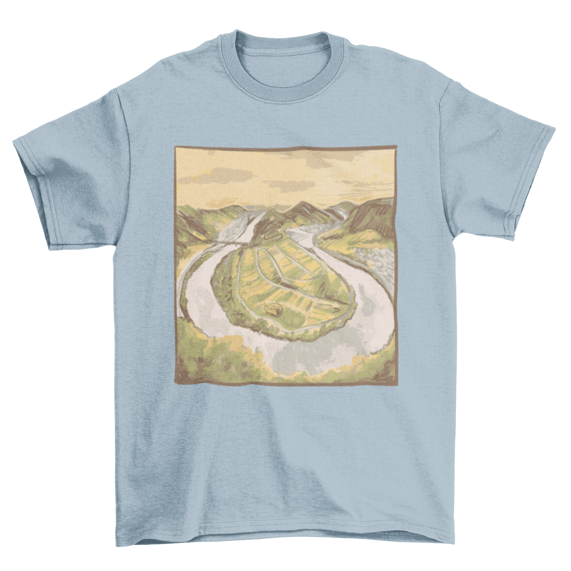 A stylish t-shirt featuring a vibrant painting of the Moselschleife, showcasing the scenic curves of the Moselle River.