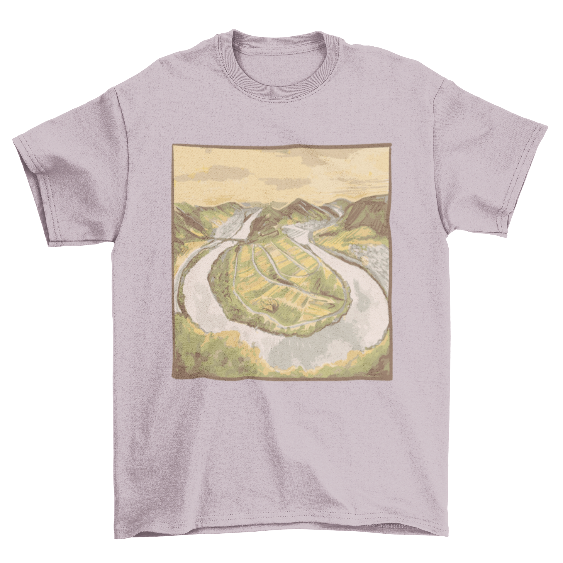 A stylish t-shirt featuring a vibrant painting of the Moselschleife, showcasing the scenic curves of the Moselle River.