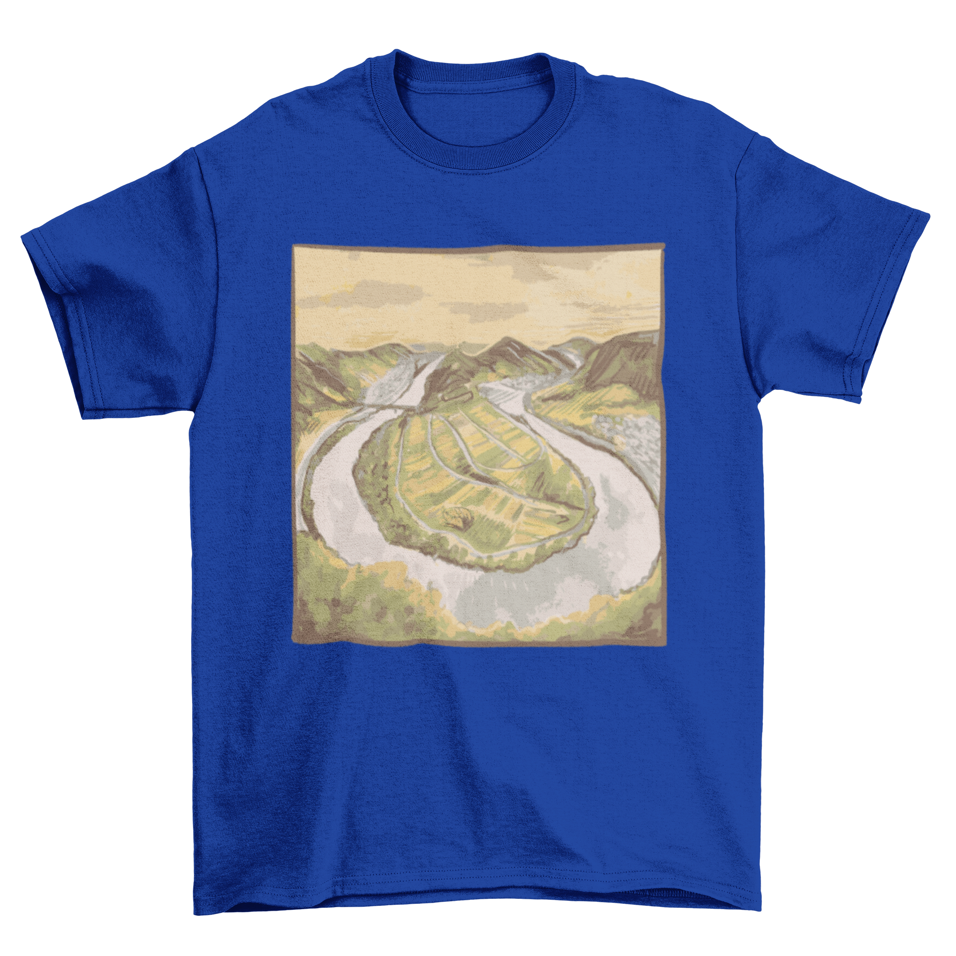 A stylish t-shirt featuring a vibrant painting of the Moselschleife, showcasing the scenic curves of the Moselle River.