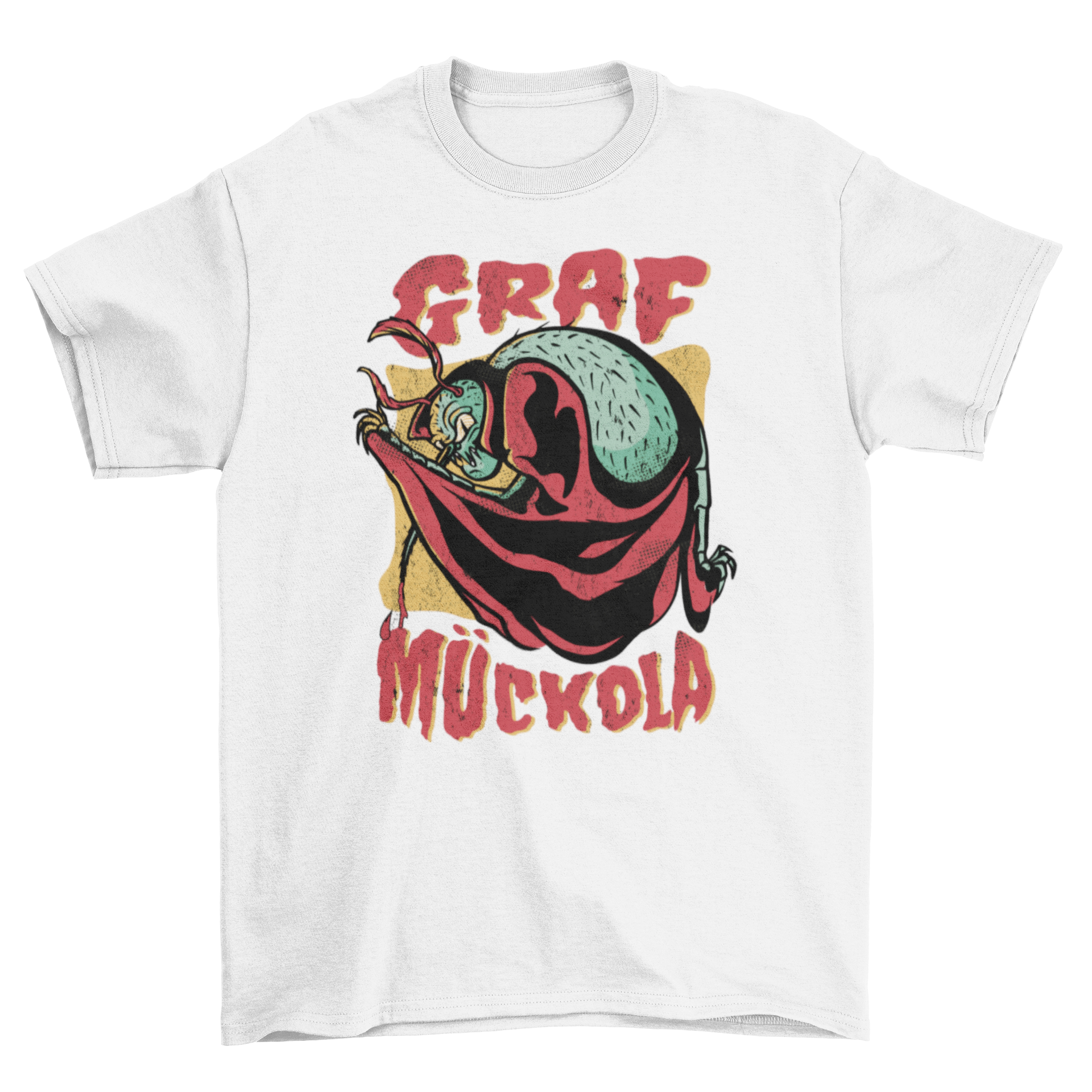 A playful t-shirt featuring a mosquito in a red cape with the quote 'Graf Muckola', perfect for Halloween.