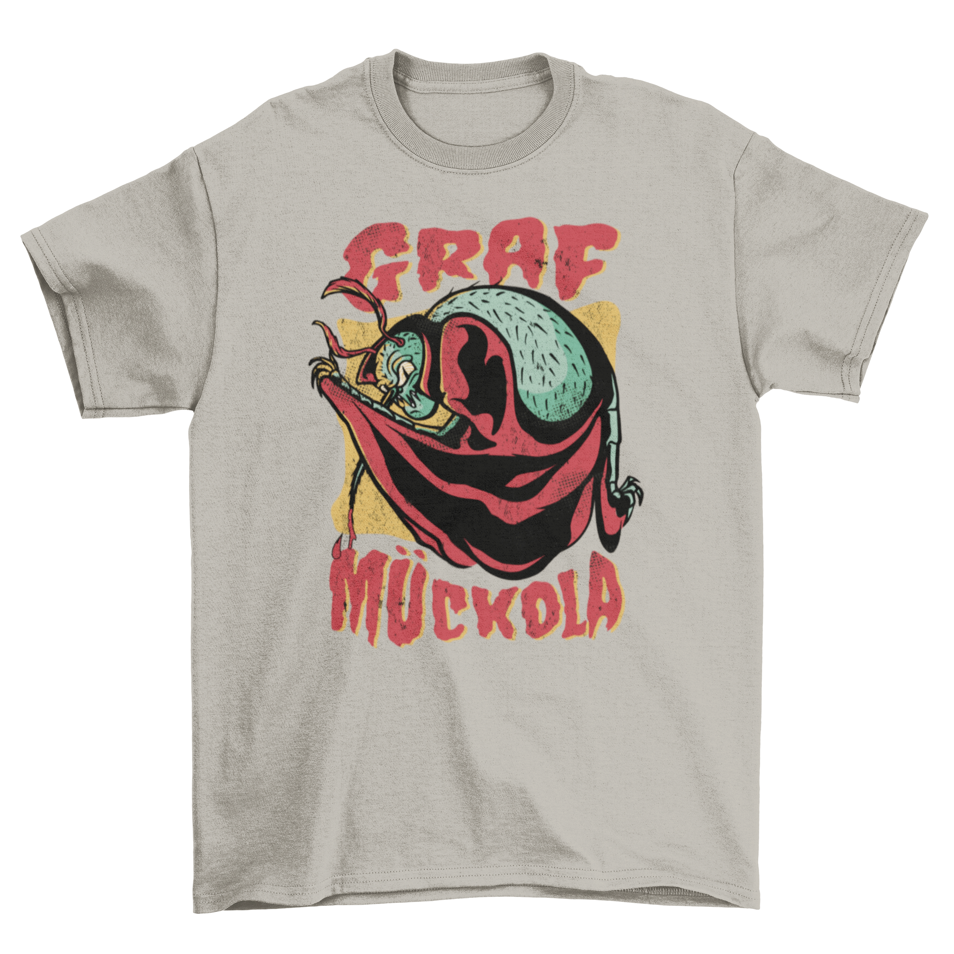 A playful t-shirt featuring a mosquito in a red cape with the quote 'Graf Muckola', perfect for Halloween.