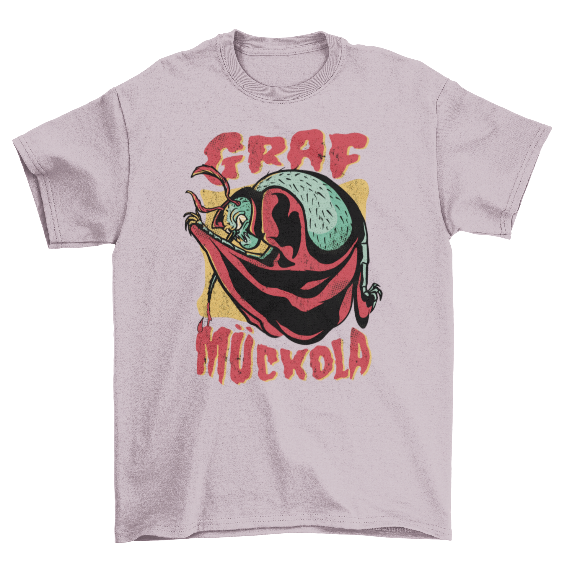 A playful t-shirt featuring a mosquito in a red cape with the quote 'Graf Muckola', perfect for Halloween.