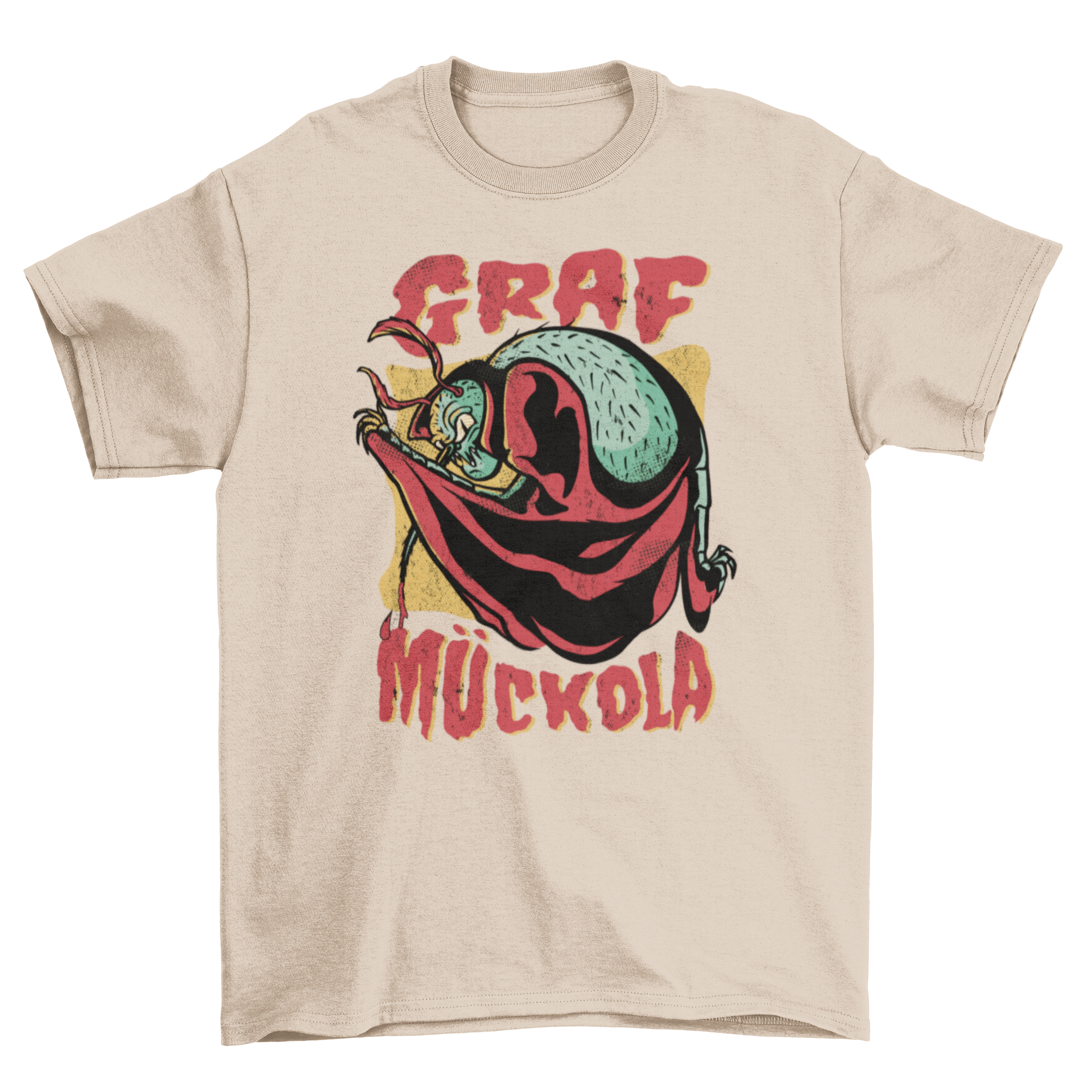 A playful t-shirt featuring a mosquito in a red cape with the quote 'Graf Muckola', perfect for Halloween.