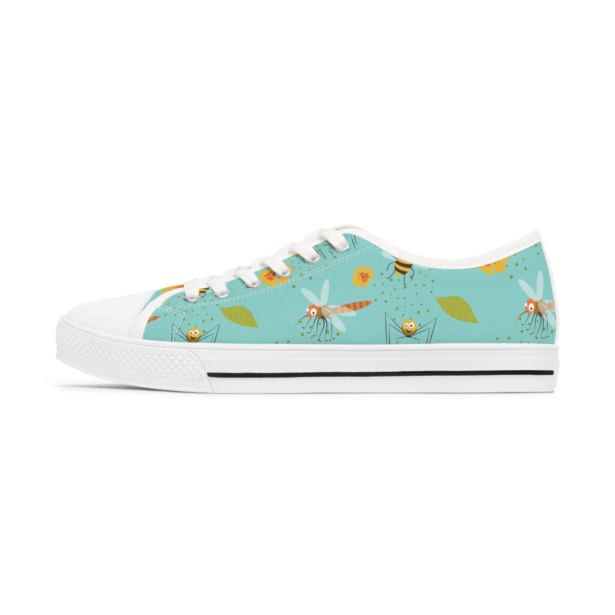 A pair of Mosquito Women's Low Top Sneakers in black and white, featuring breathable canvas, memory foam insoles, and customizable designs.