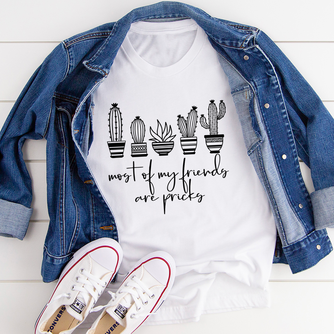 A humorous t-shirt featuring the phrase 'Most Of My Friends Are Pricks', made from soft cotton with double stitching.