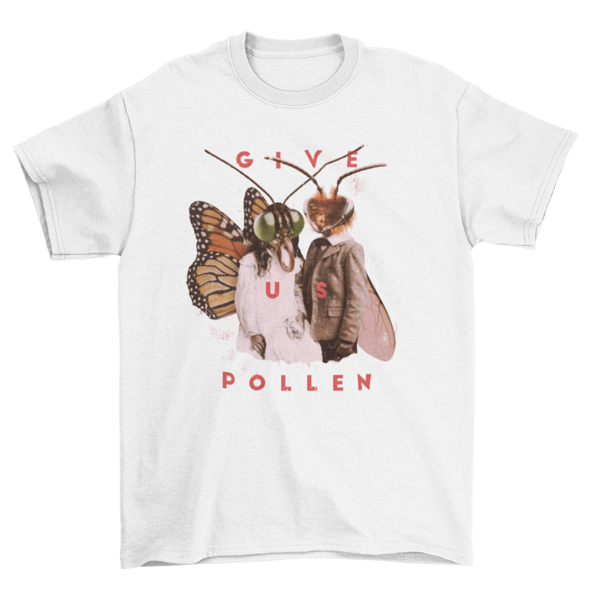 A stylish t-shirt featuring whimsical moth people with the quote 'Give us pollen', showcasing a unique artistic design.