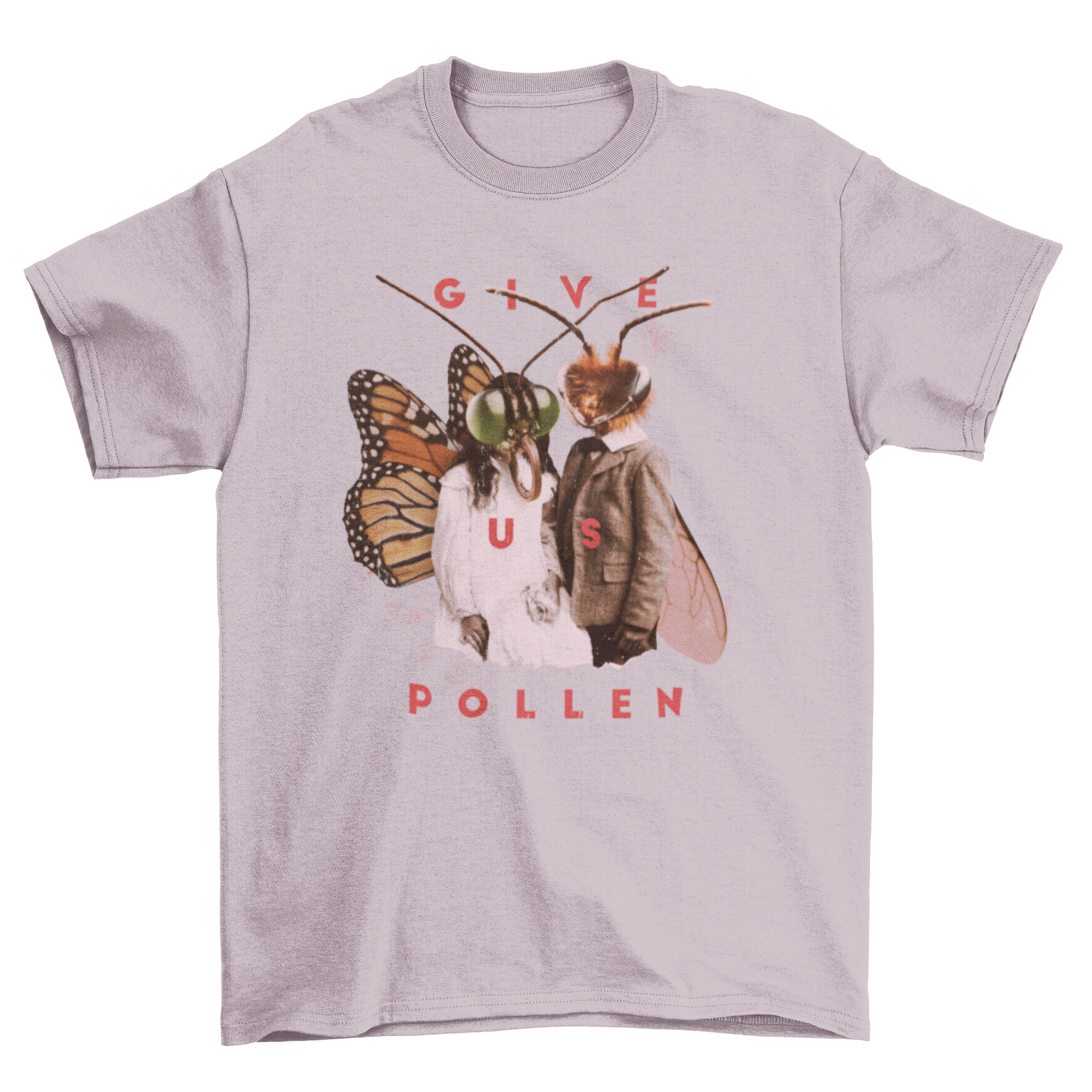 A stylish t-shirt featuring whimsical moth people with the quote 'Give us pollen', showcasing a unique artistic design.