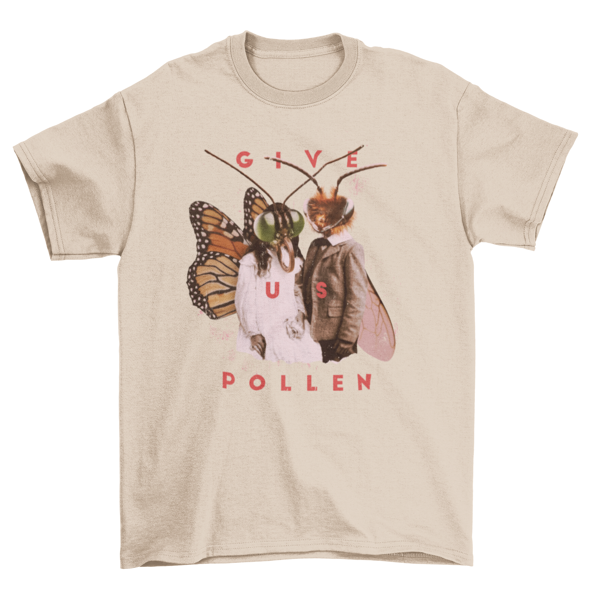 A stylish t-shirt featuring whimsical moth people with the quote 'Give us pollen', showcasing a unique artistic design.