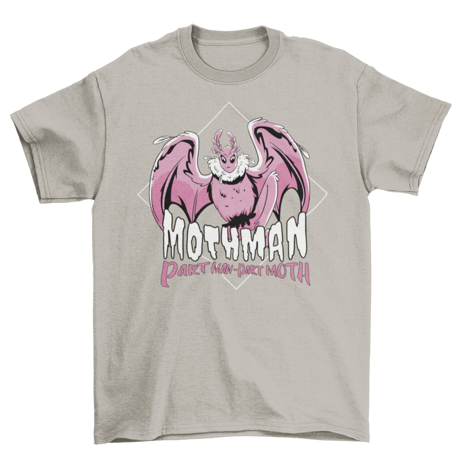 A cartoon t-shirt featuring a whimsical moth monster design with the quote 'Mothman part man part moth' in vibrant colors.