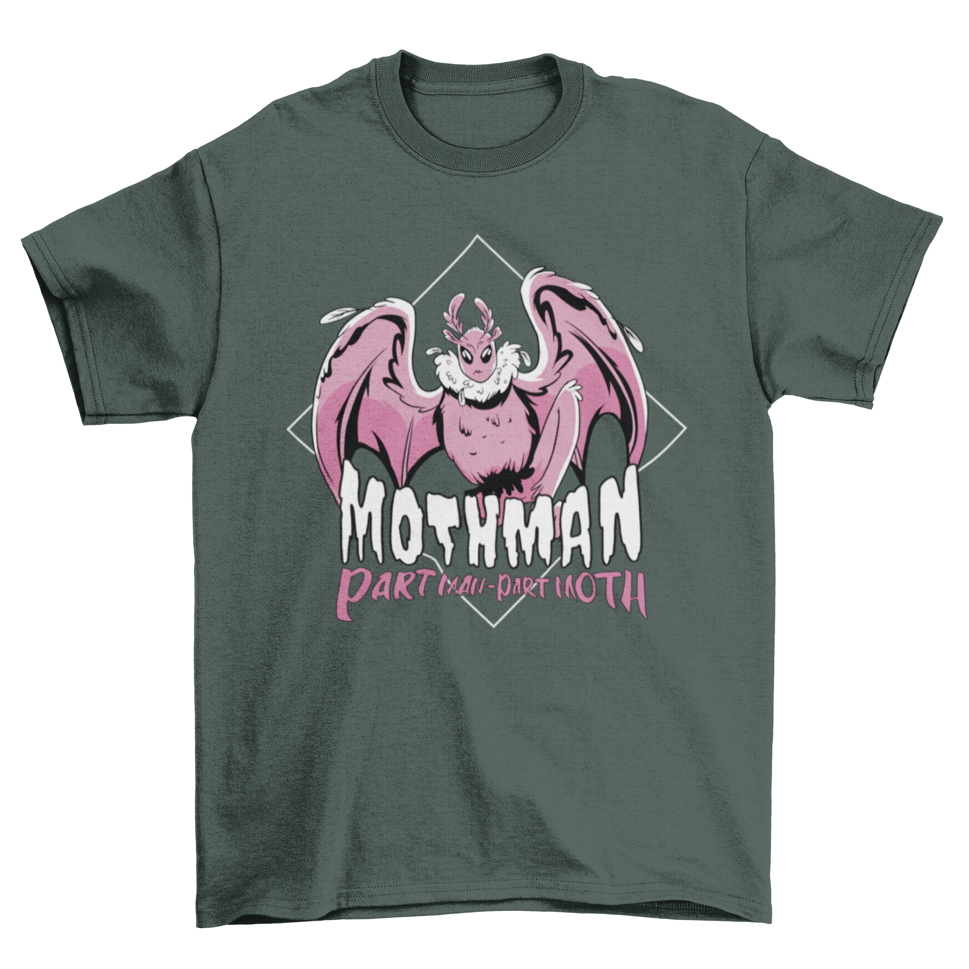 A cartoon t-shirt featuring a whimsical moth monster design with the quote 'Mothman part man part moth' in vibrant colors.