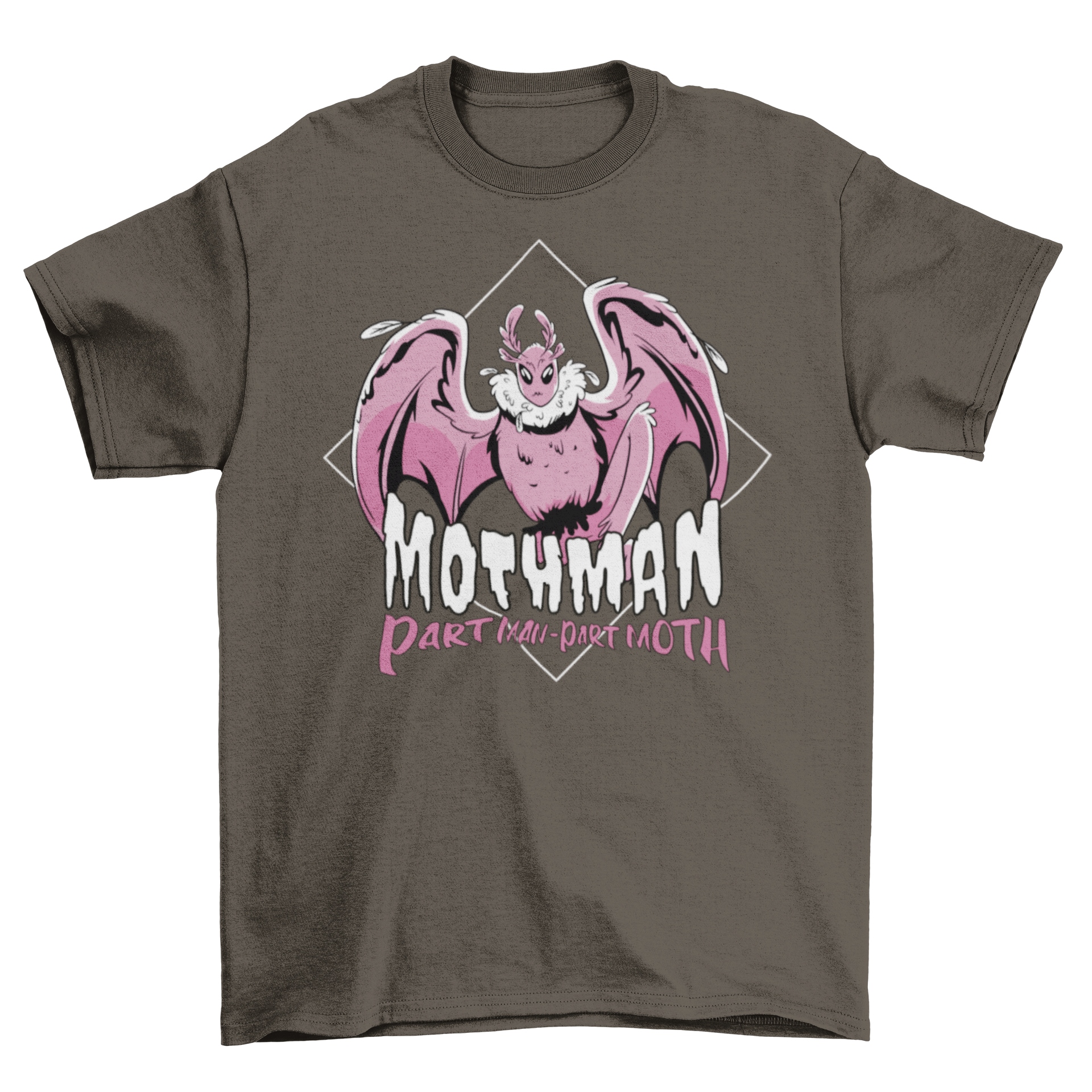 A cartoon t-shirt featuring a whimsical moth monster design with the quote 'Mothman part man part moth' in vibrant colors.