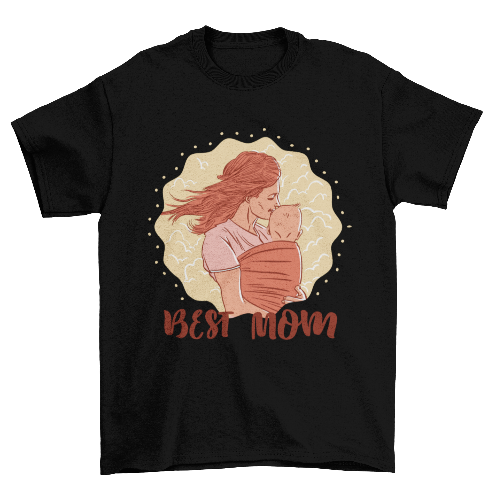 A soft t-shirt featuring a sweet illustration of a mother and child with the quote 'Best Mom' in a stylish font.