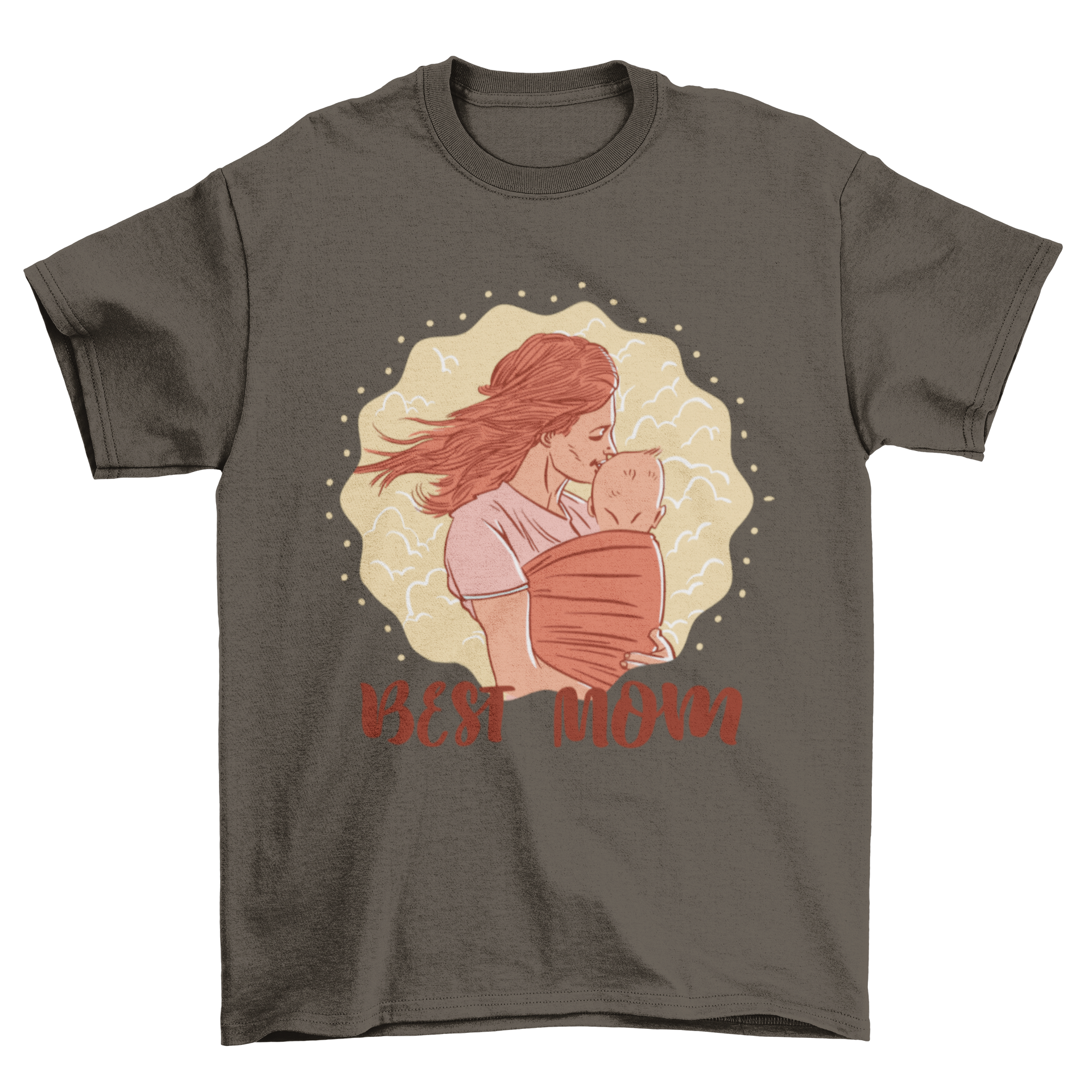 A soft t-shirt featuring a sweet illustration of a mother and child with the quote 'Best Mom' in a stylish font.