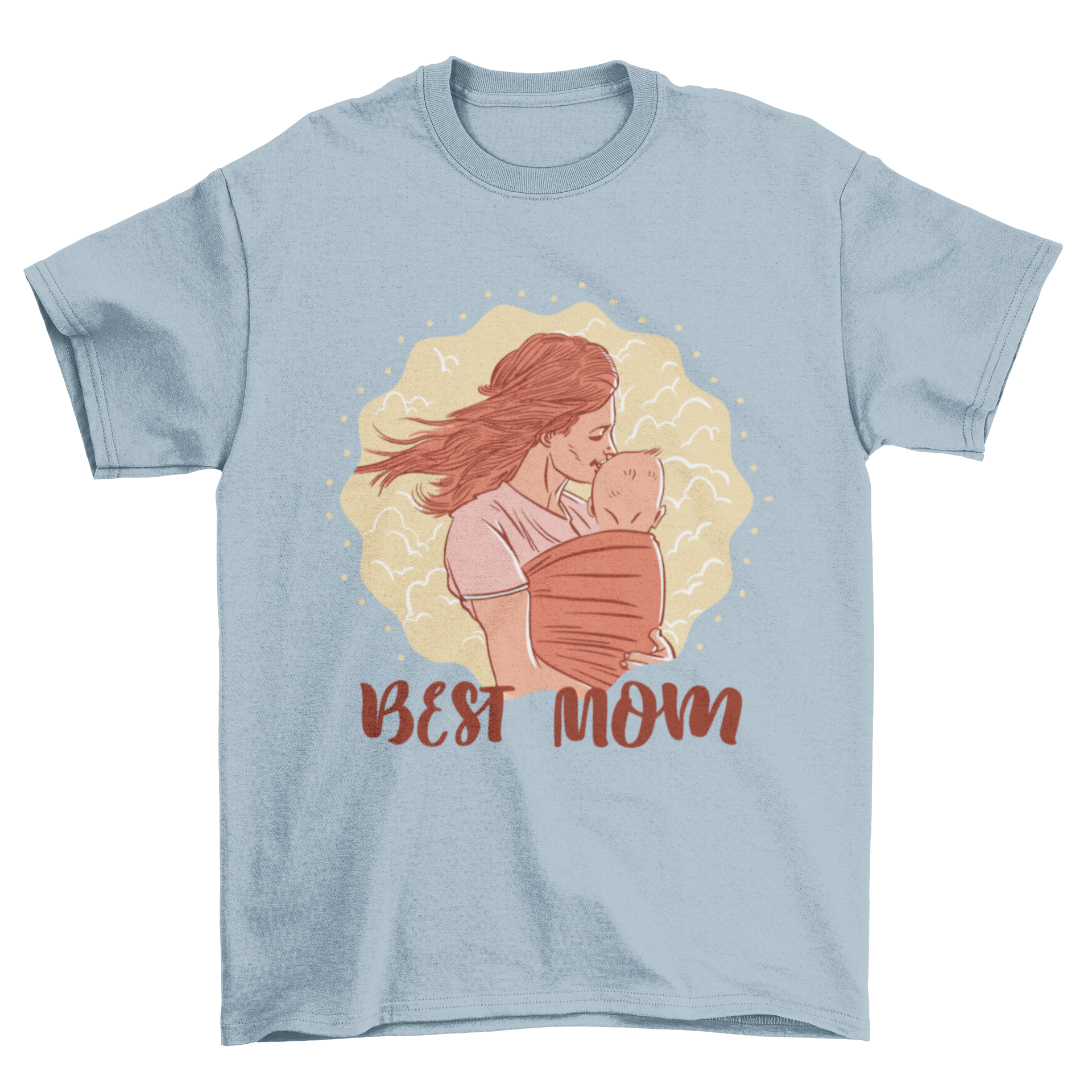 A soft t-shirt featuring a sweet illustration of a mother and child with the quote 'Best Mom' in a stylish font.