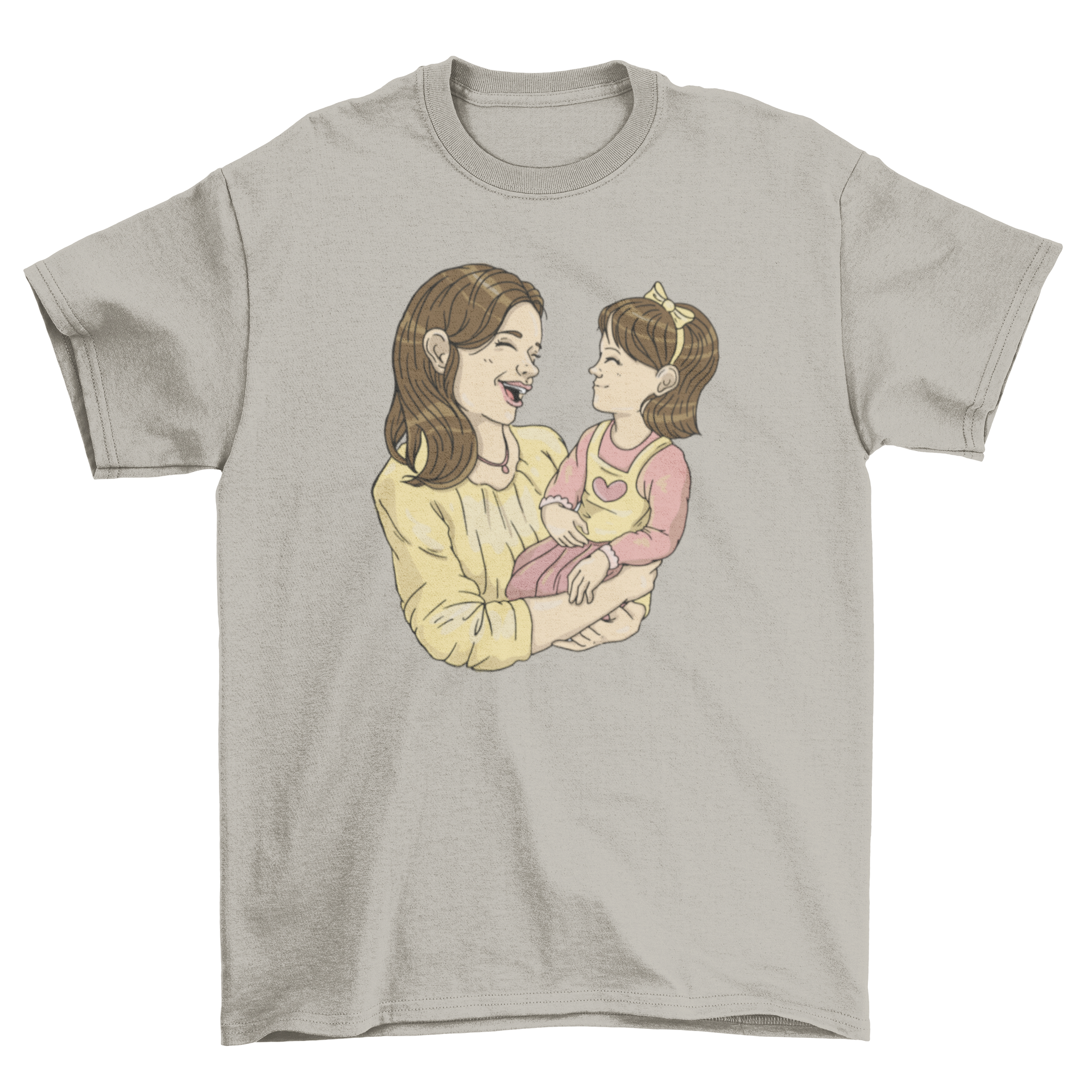 A mother and daughter wearing matching t-shirts with a heartwarming design, showcasing their love and connection.