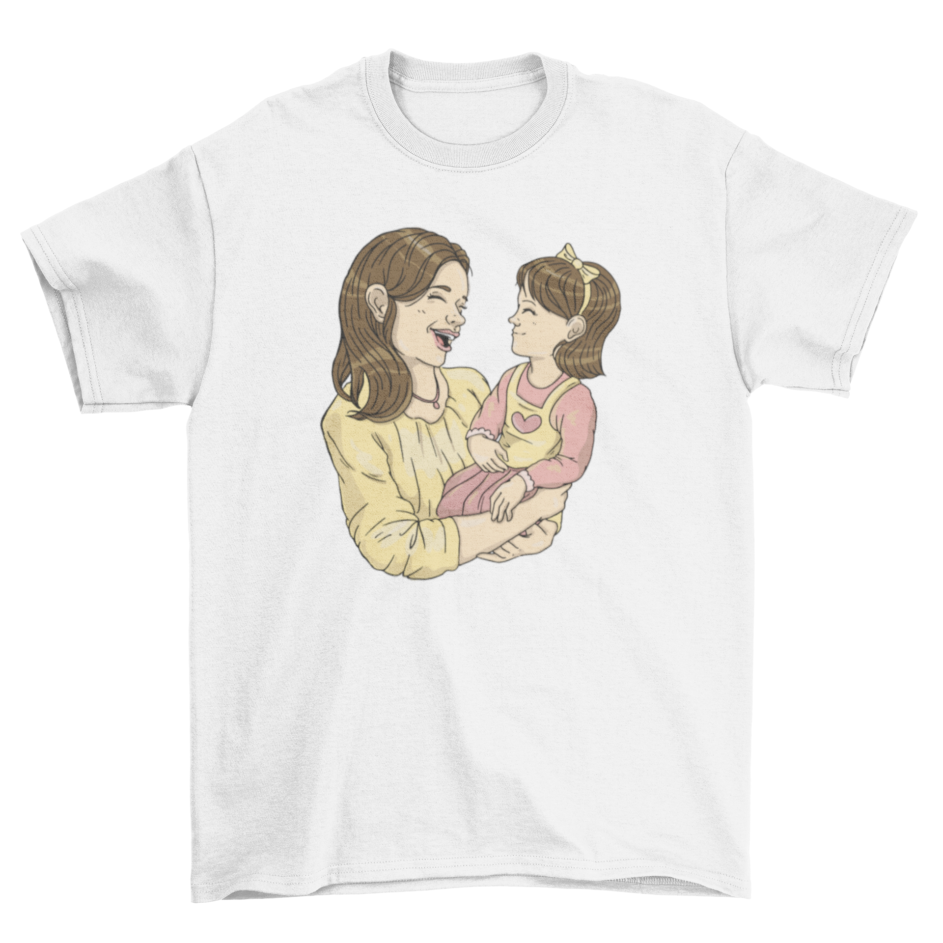 A mother and daughter wearing matching t-shirts with a heartwarming design, showcasing their love and connection.