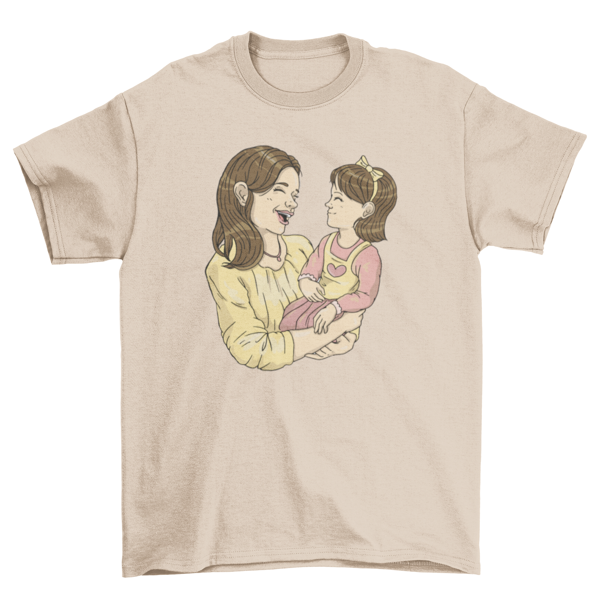 A mother and daughter wearing matching t-shirts with a heartwarming design, showcasing their love and connection.