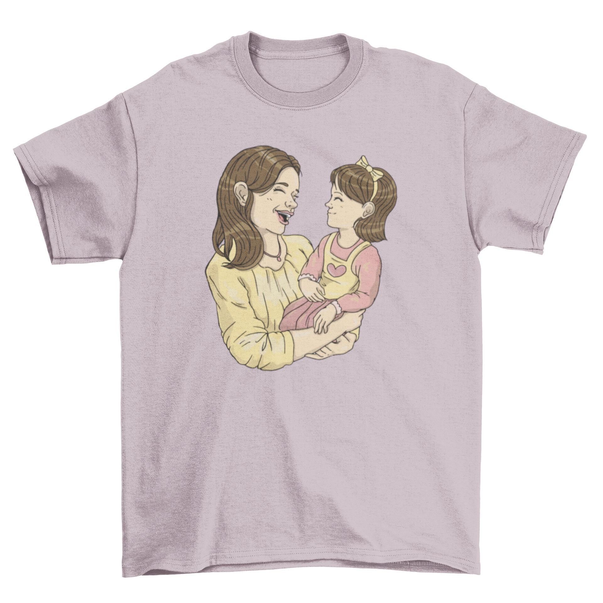 A mother and daughter wearing matching t-shirts with a heartwarming design, showcasing their love and connection.