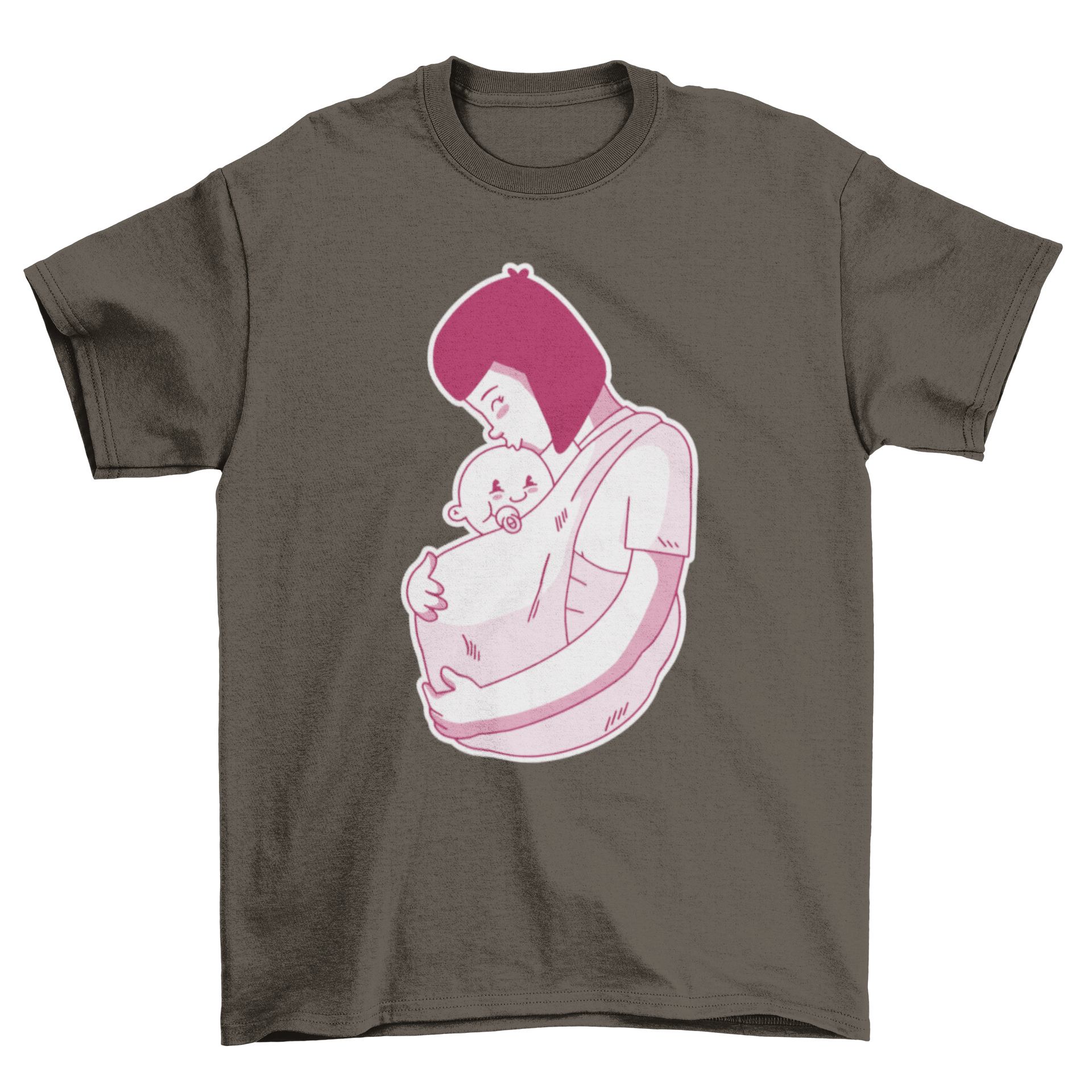 A stylish t-shirt featuring a heartwarming design of a mother holding her baby, perfect for celebrating motherhood.