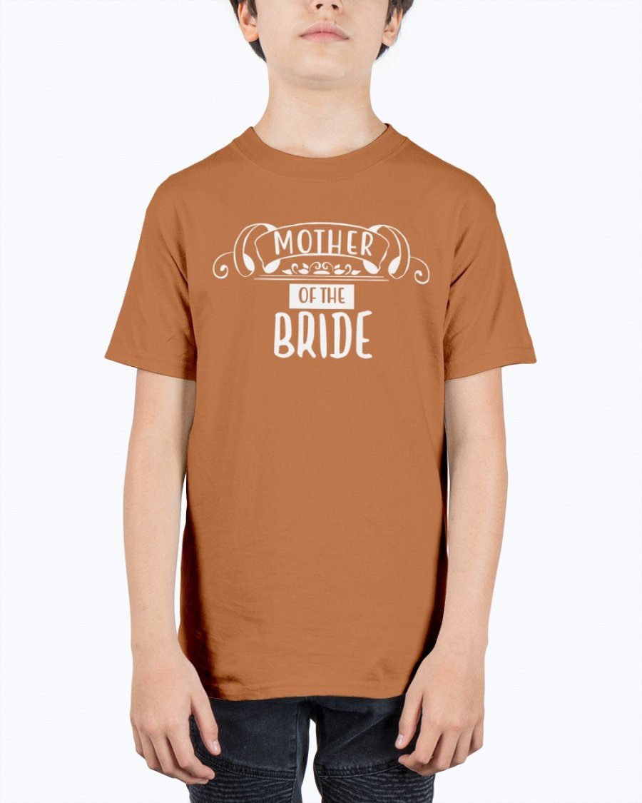 Unisex youth tee featuring 'Mother of the Bride' design, perfect for weddings and bridal events.