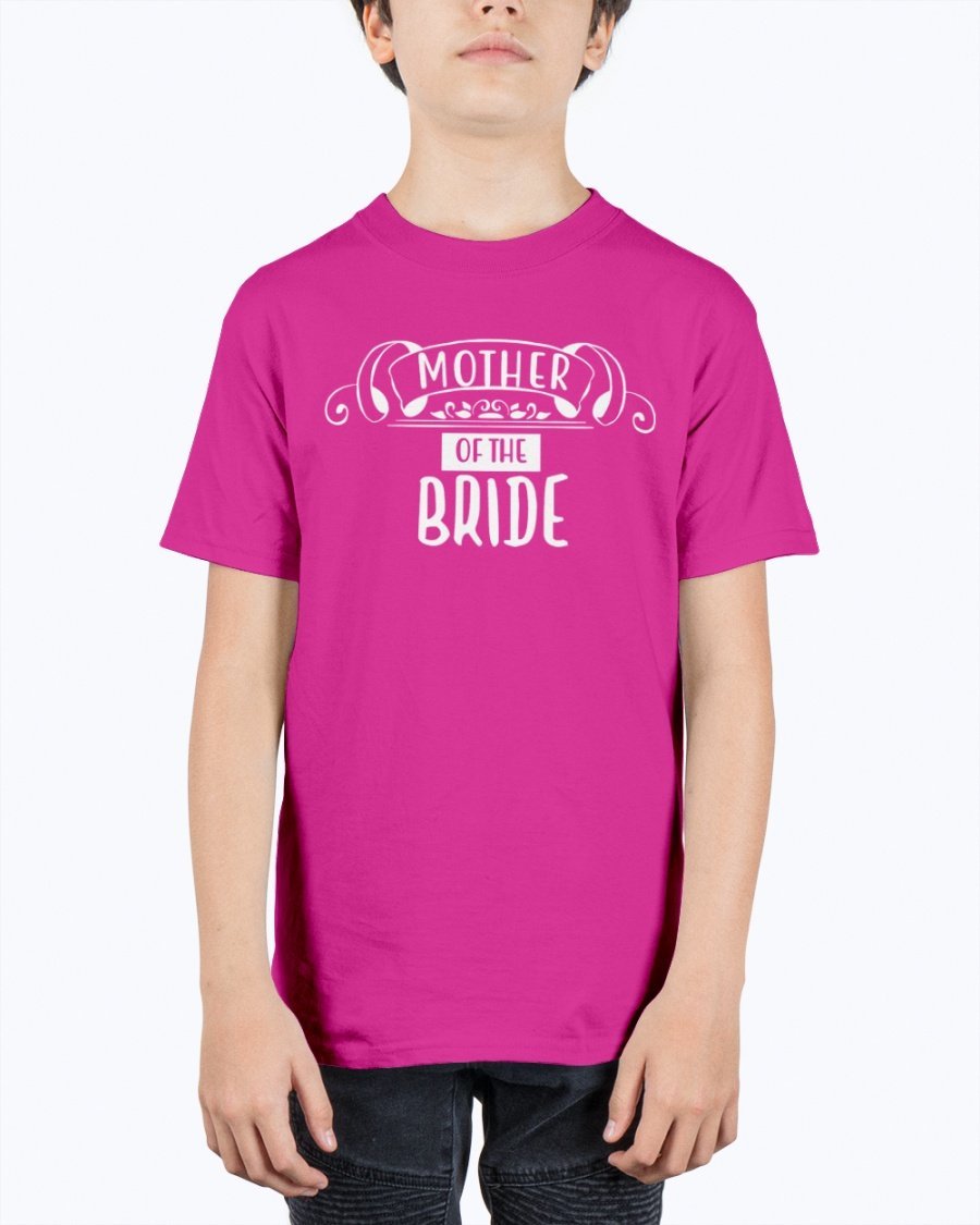 Unisex youth tee featuring 'Mother of the Bride' design, perfect for weddings and bridal events.