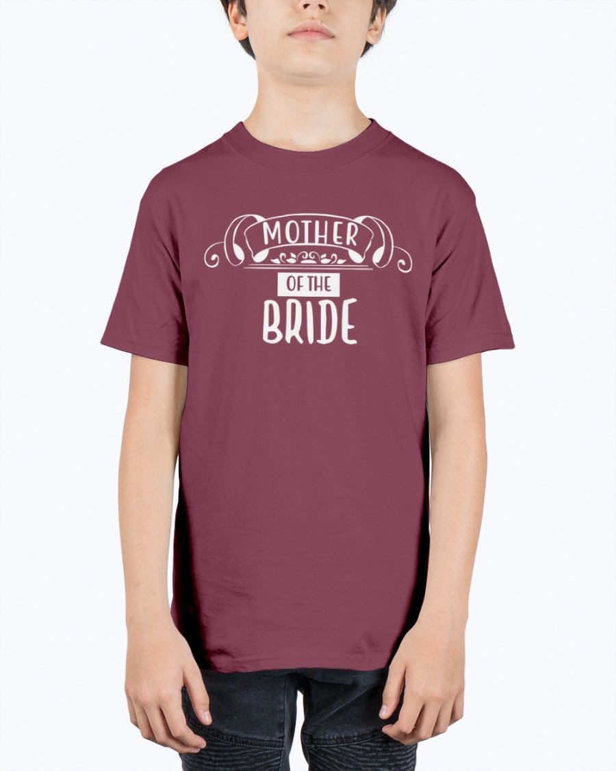 Unisex youth tee featuring 'Mother of the Bride' design, perfect for weddings and bridal events.