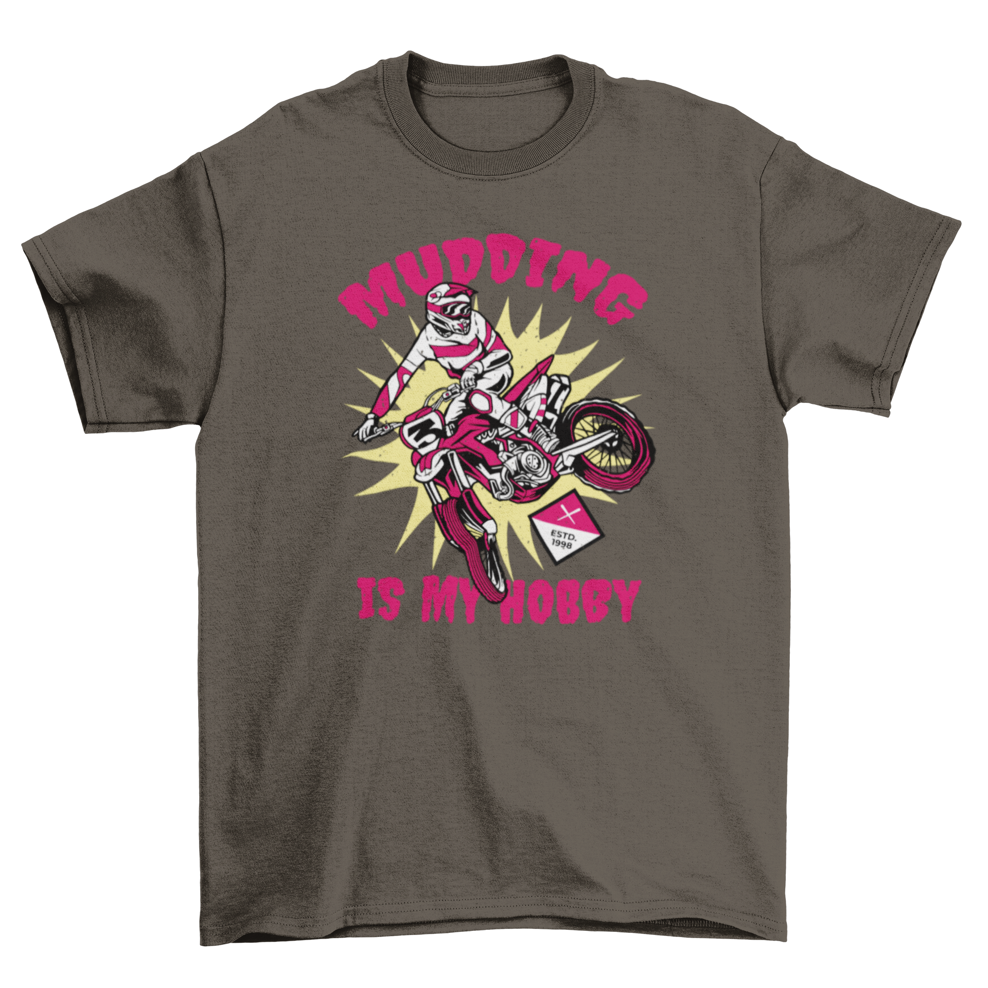 Motocross Whip Quote T-Shirt featuring a rider and the quote 'Mudding is my hobby' in vibrant colors.