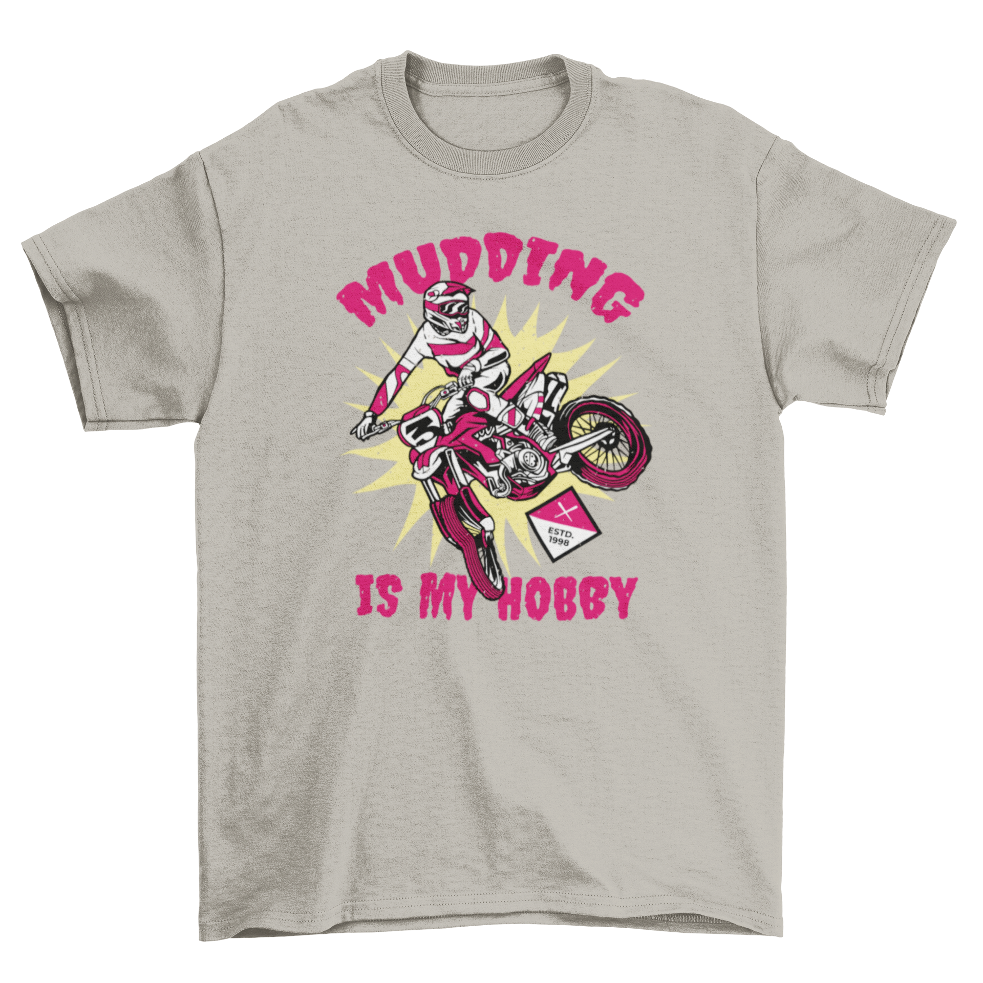 Motocross Whip Quote T-Shirt featuring a rider and the quote 'Mudding is my hobby' in vibrant colors.