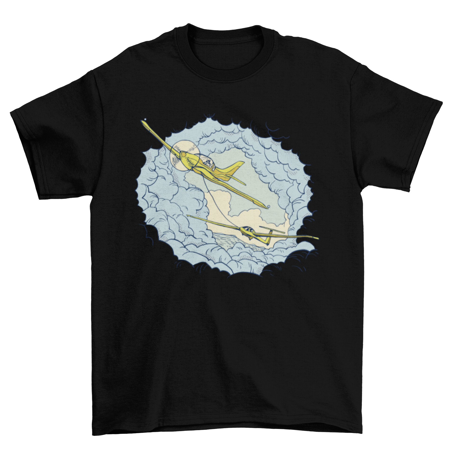 A stylish t-shirt featuring a graphic of a motor airplane carrying a glider, showcasing a unique aviation design.