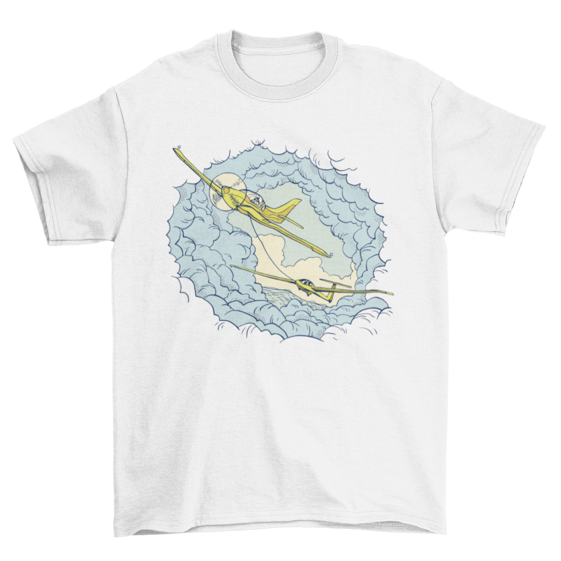 A stylish t-shirt featuring a graphic of a motor airplane carrying a glider, showcasing a unique aviation design.