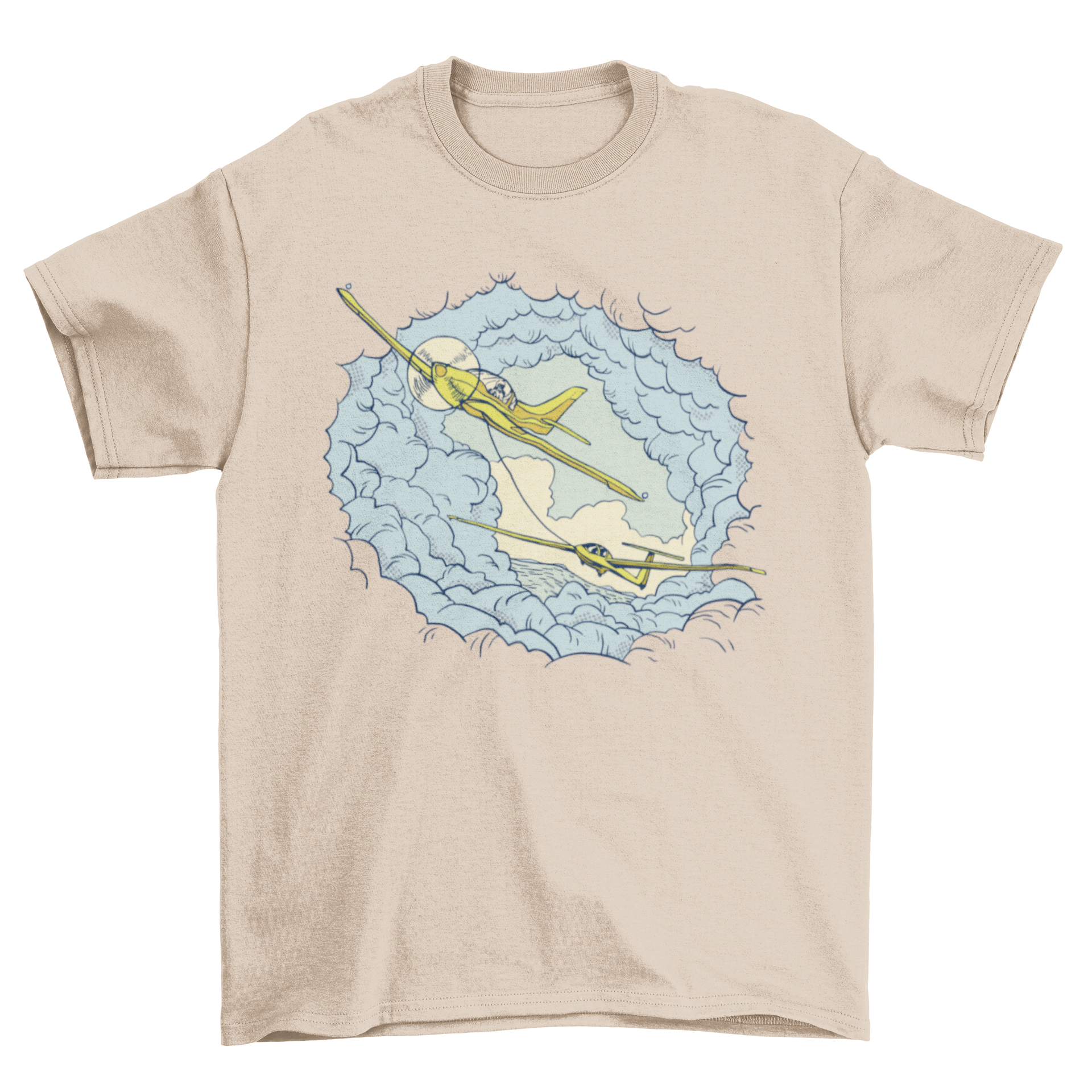 A stylish t-shirt featuring a graphic of a motor airplane carrying a glider, showcasing a unique aviation design.