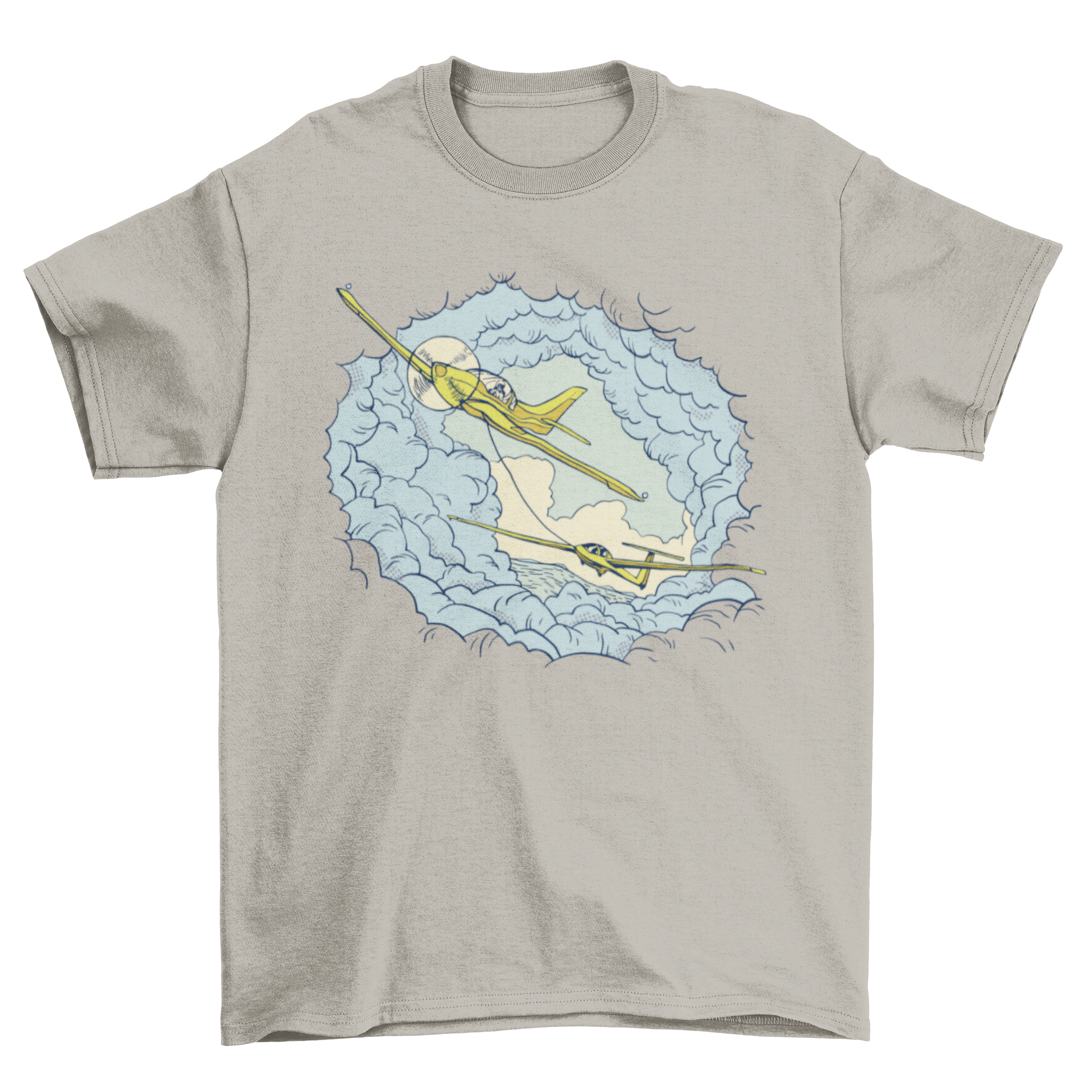 A stylish t-shirt featuring a graphic of a motor airplane carrying a glider, showcasing a unique aviation design.