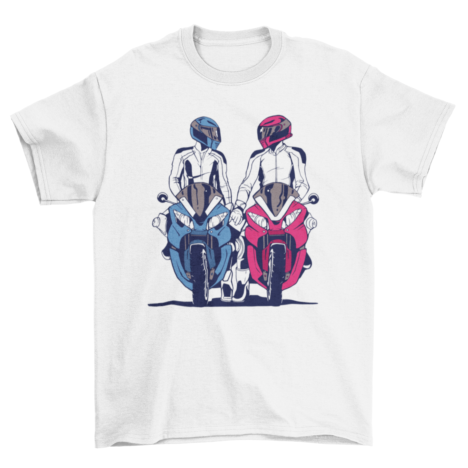 Motorbike Couple T-shirt featuring a design of two riders holding hands, symbolizing love and adventure.