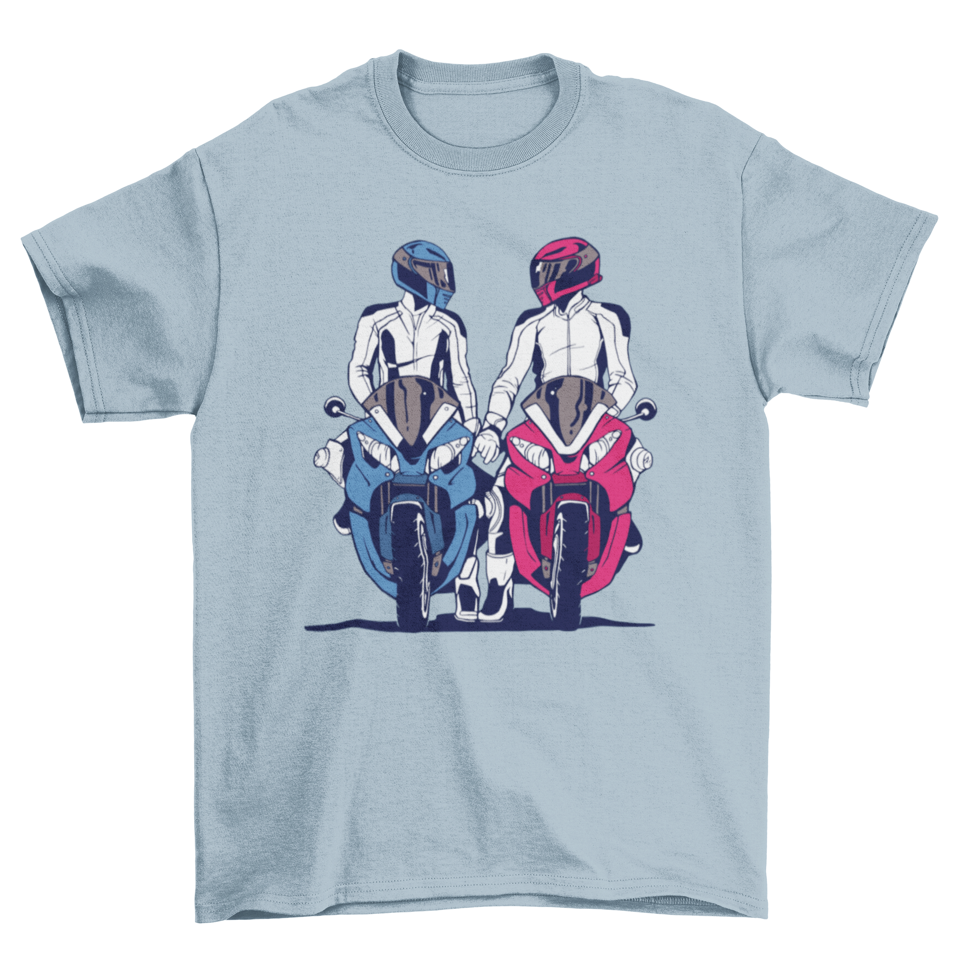 Motorbike Couple T-shirt featuring a design of two riders holding hands, symbolizing love and adventure.