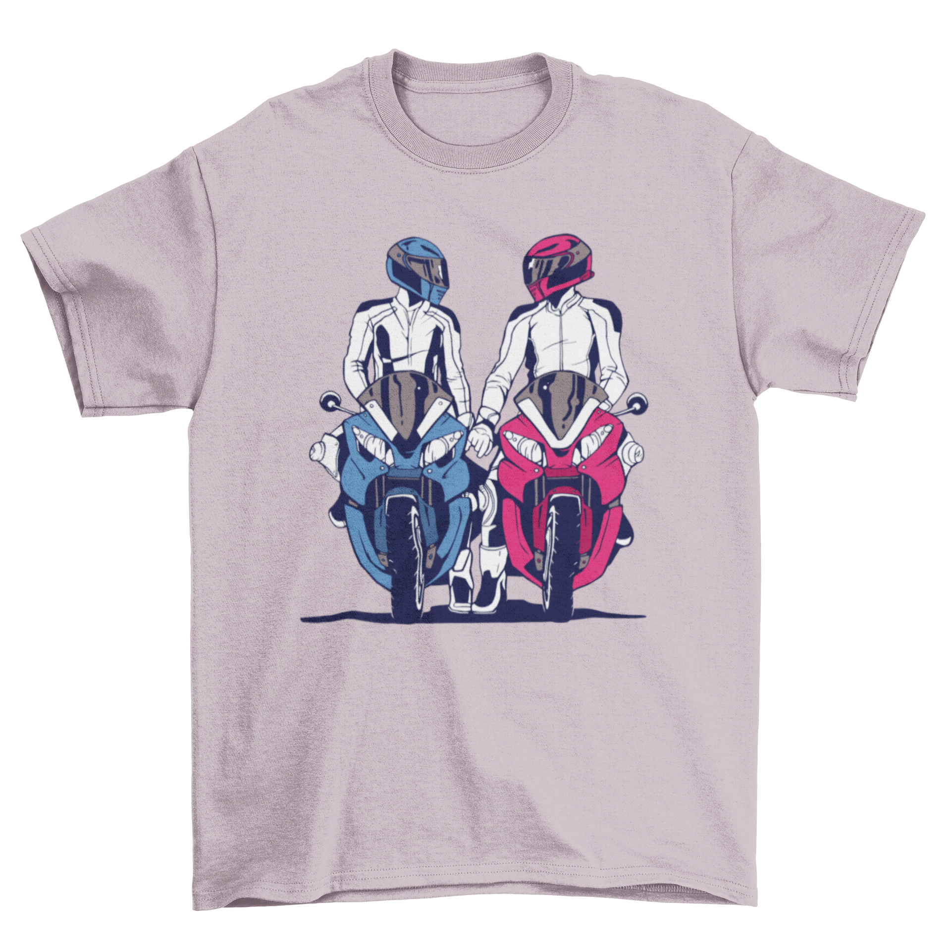 Motorbike Couple T-shirt featuring a design of two riders holding hands, symbolizing love and adventure.