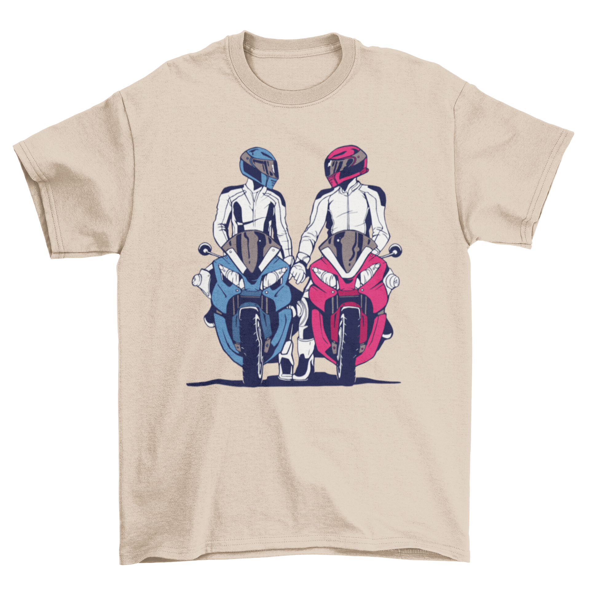 Motorbike Couple T-shirt featuring a design of two riders holding hands, symbolizing love and adventure.