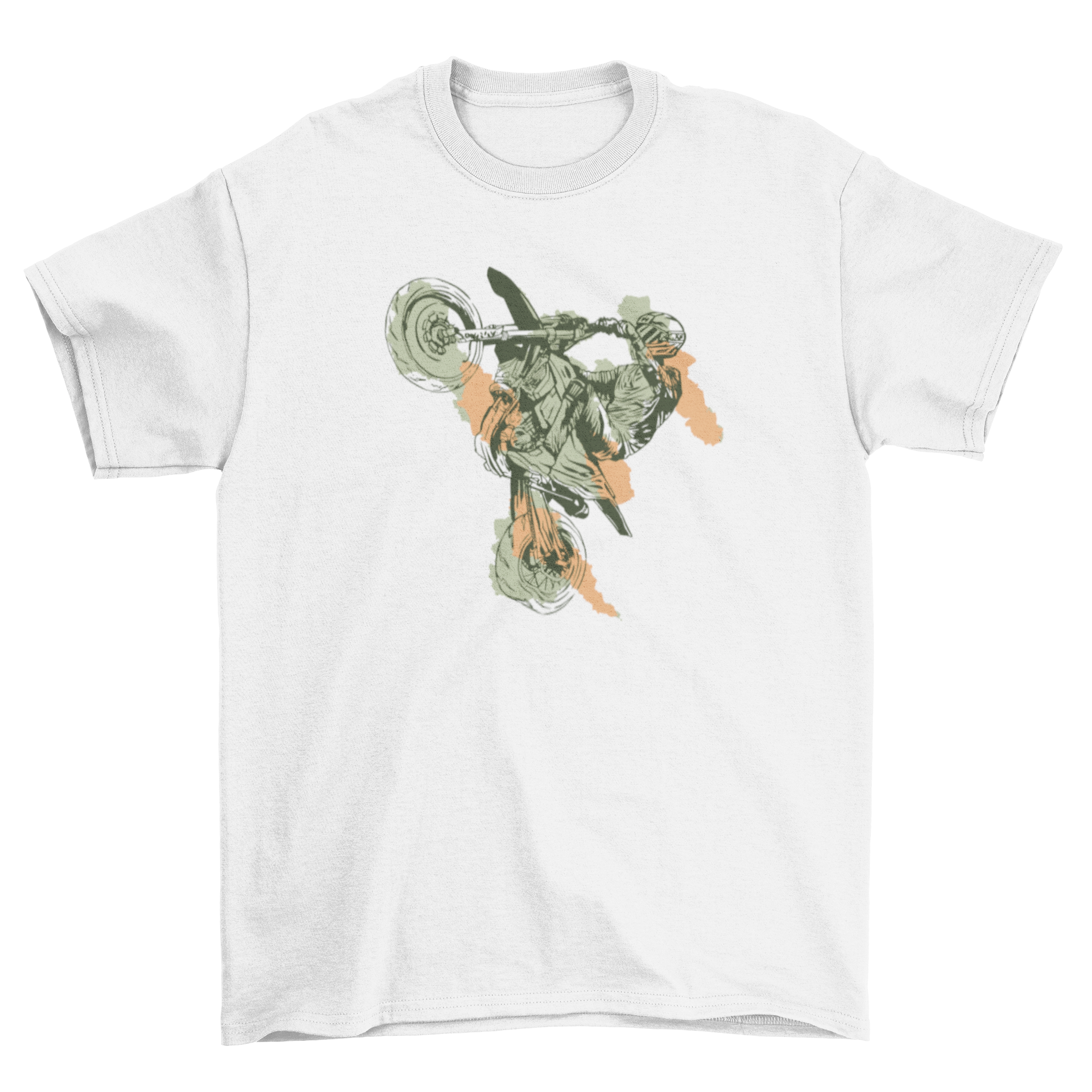 A stylish motorbike stunt t-shirt featuring a hand-drawn design of a motorcyclist performing stunts.