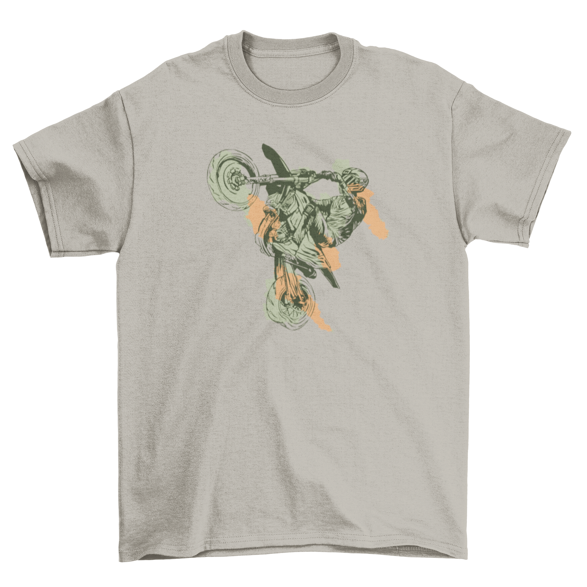 A stylish motorbike stunt t-shirt featuring a hand-drawn design of a motorcyclist performing stunts.