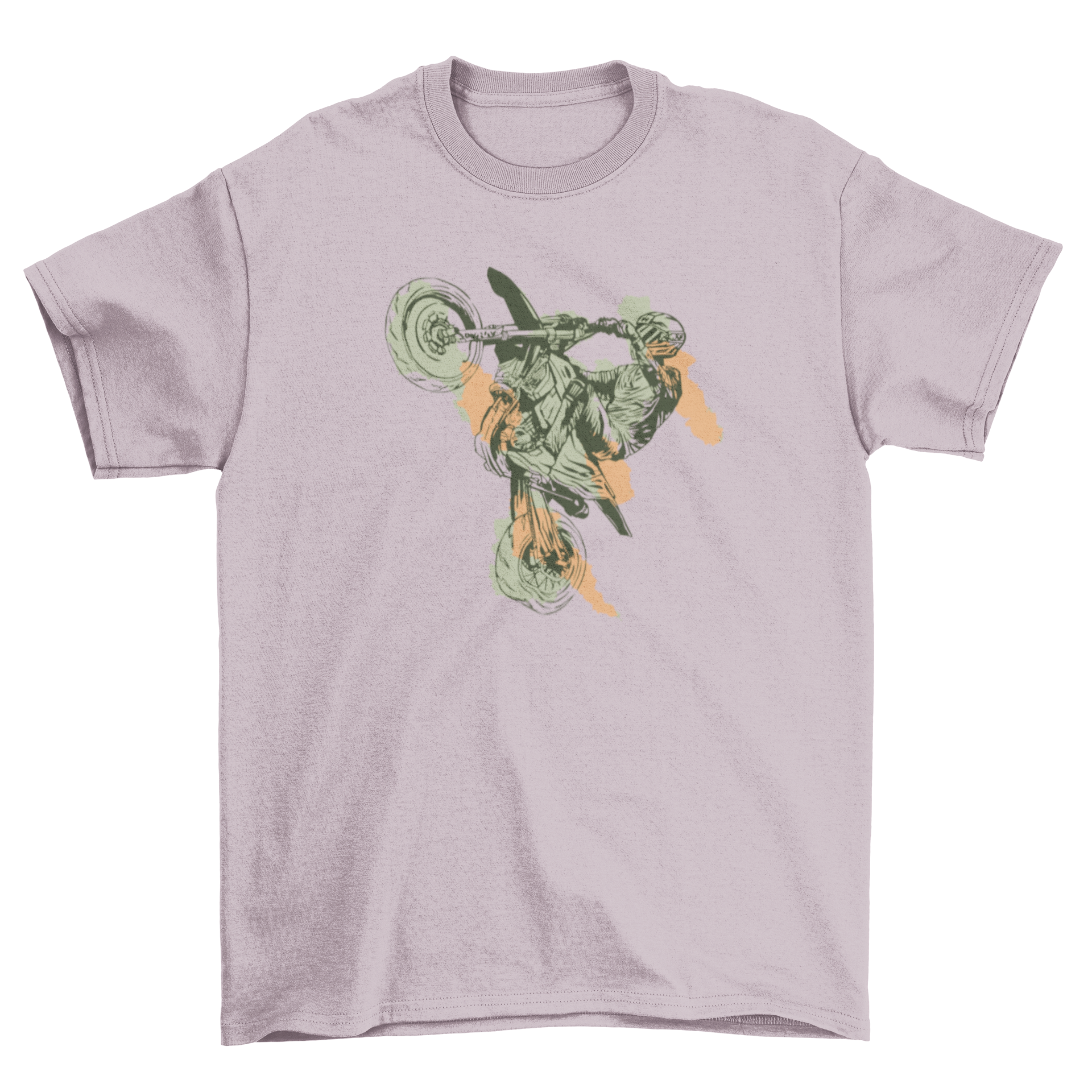 A stylish motorbike stunt t-shirt featuring a hand-drawn design of a motorcyclist performing stunts.