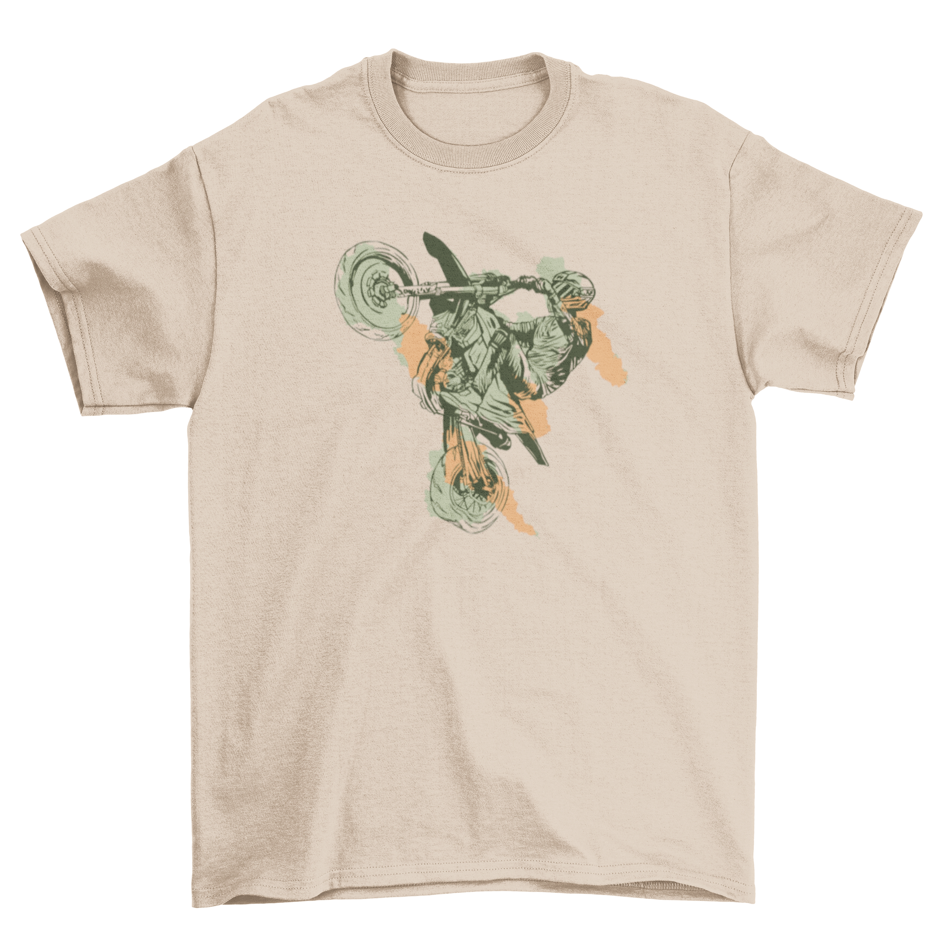 A stylish motorbike stunt t-shirt featuring a hand-drawn design of a motorcyclist performing stunts.