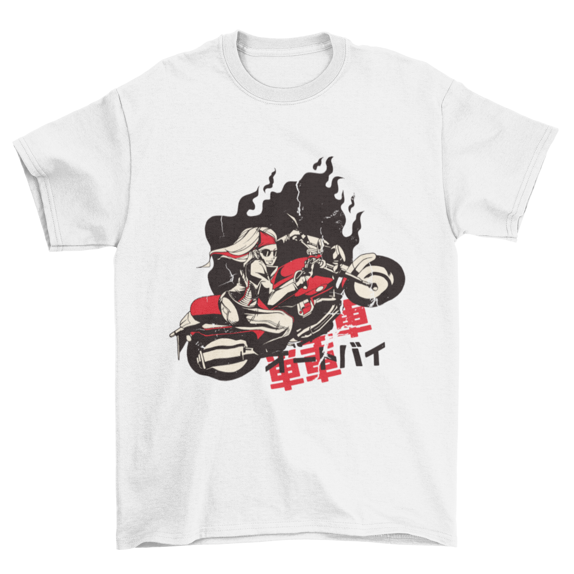 A stylish t-shirt featuring a woman riding a motorcycle with Japanese kanji and katakana in the background.