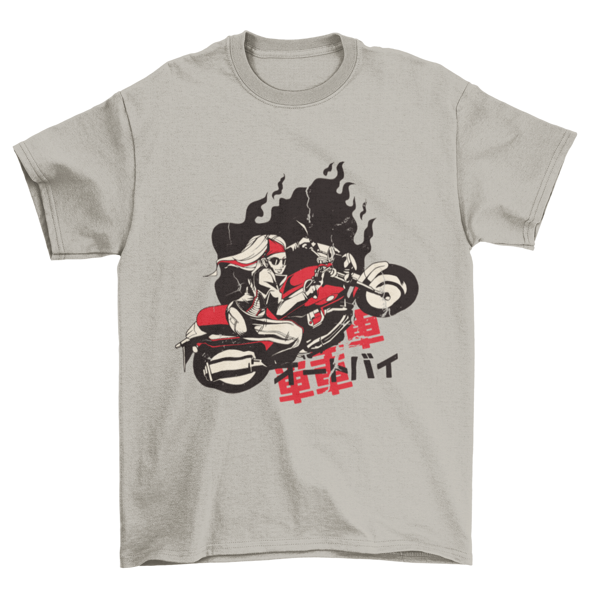 A stylish t-shirt featuring a woman riding a motorcycle with Japanese kanji and katakana in the background.