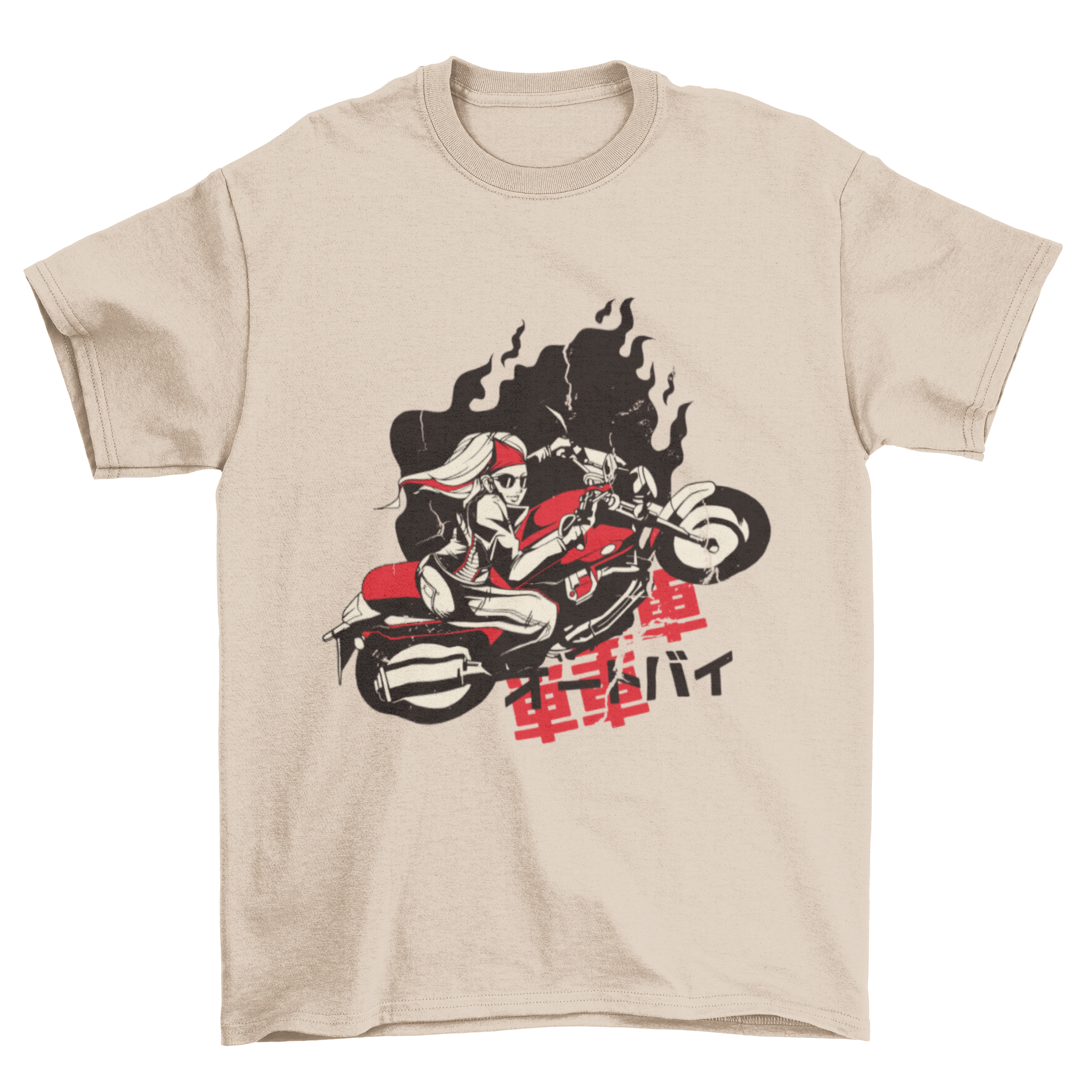 A stylish t-shirt featuring a woman riding a motorcycle with Japanese kanji and katakana in the background.