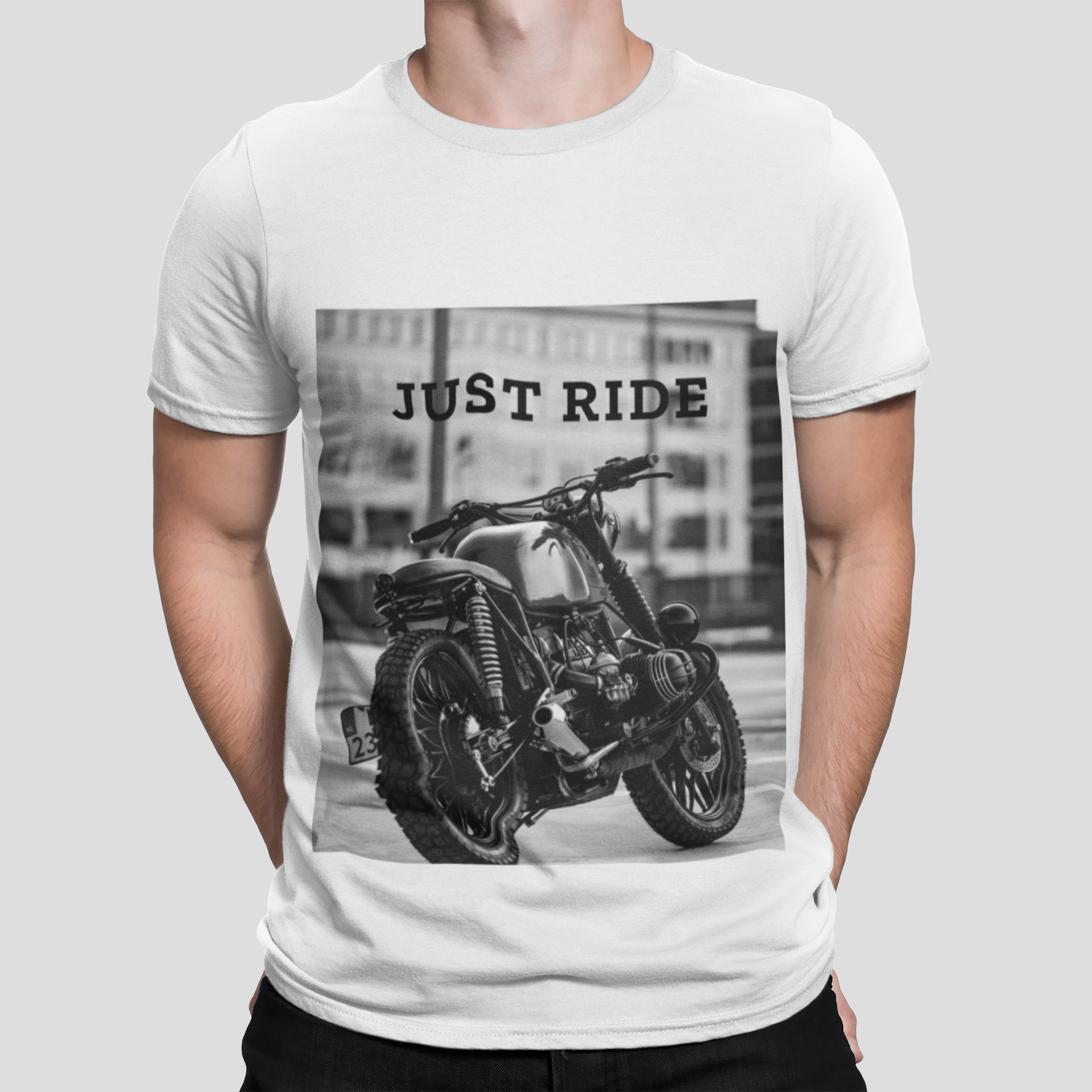 Motorcycle Just Ride Heavy Cotton T-Shirt displayed on a mannequin, showcasing its classic fit and heavy cotton material.