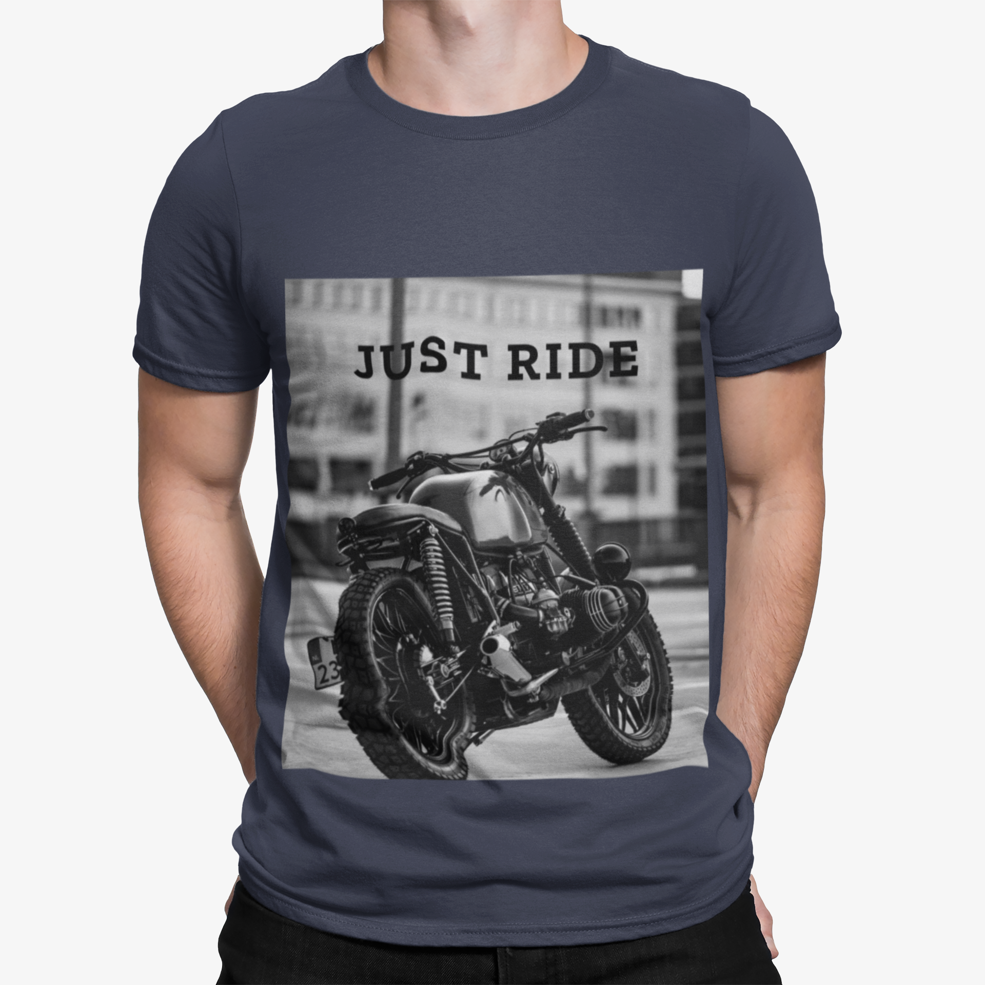 Motorcycle Just Ride Heavy Cotton T-Shirt displayed on a mannequin, showcasing its classic fit and heavy cotton material.