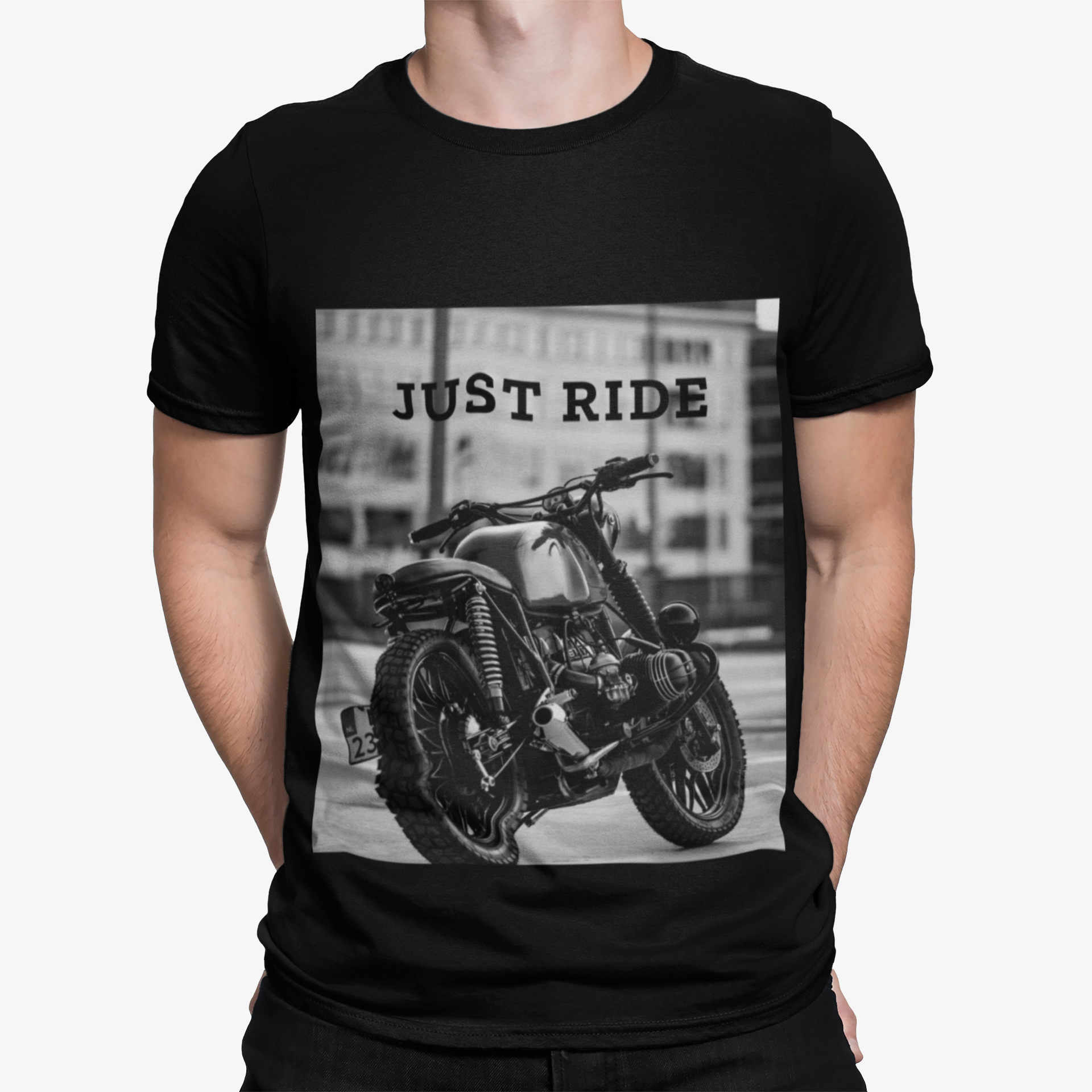 Motorcycle Just Ride Heavy Cotton T-Shirt displayed on a mannequin, showcasing its classic fit and heavy cotton material.