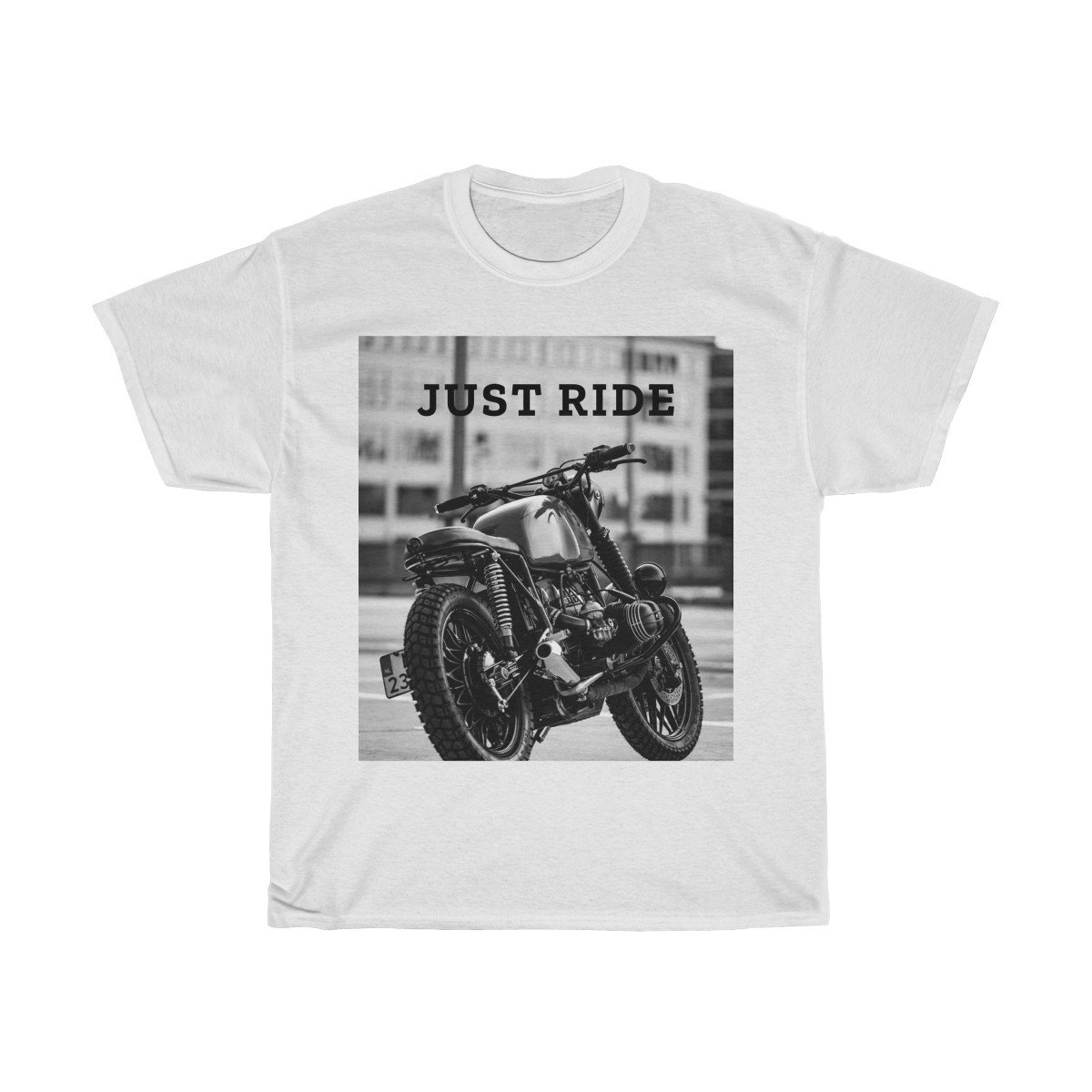 Motorcycle Just Ride Heavy Cotton T-Shirt displayed on a mannequin, showcasing its classic fit and heavy cotton material.