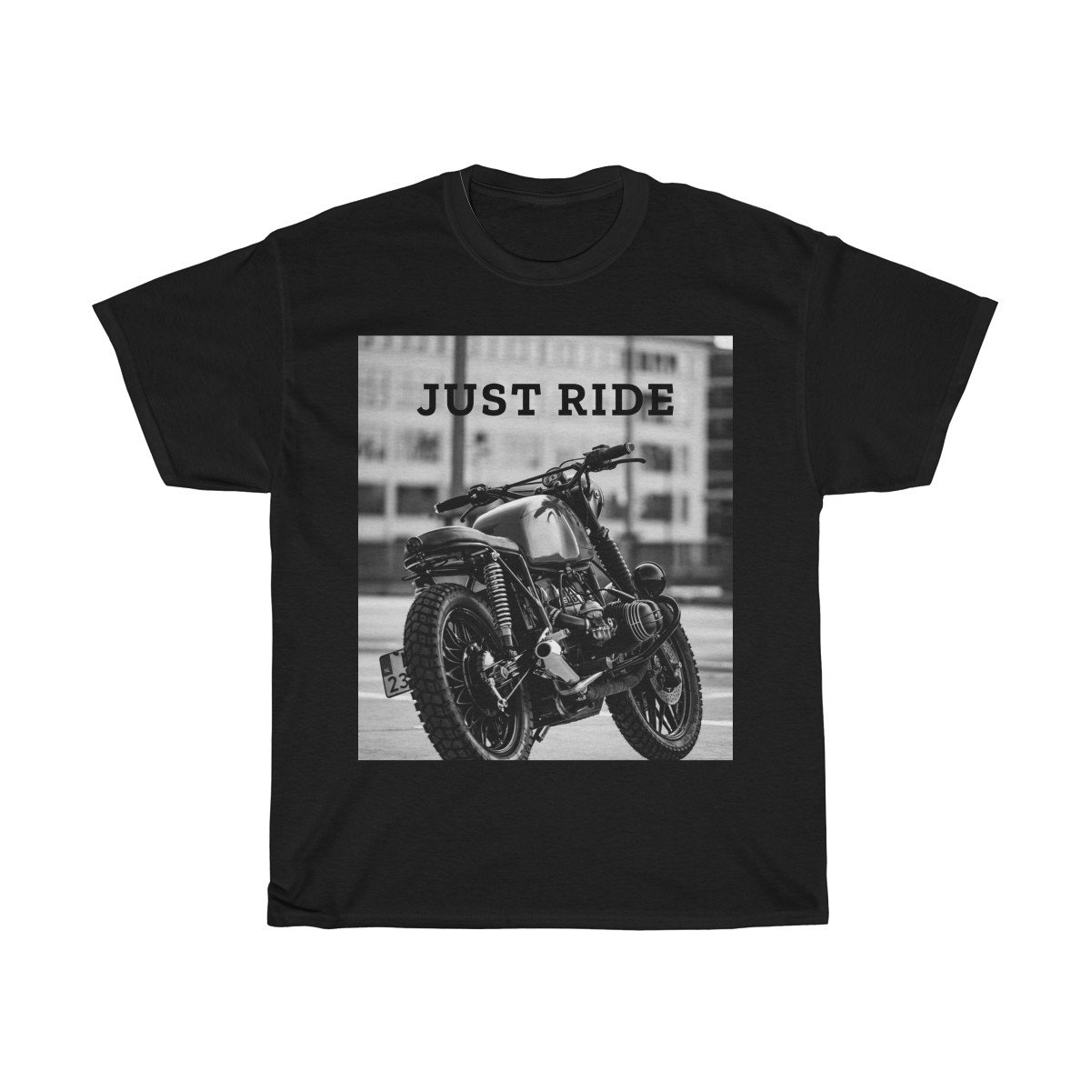 Motorcycle Just Ride Heavy Cotton T-Shirt displayed on a mannequin, showcasing its classic fit and heavy cotton material.