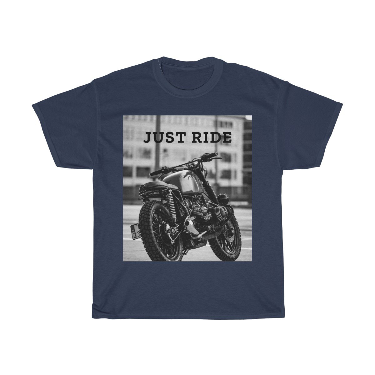 Motorcycle Just Ride Heavy Cotton T-Shirt displayed on a mannequin, showcasing its classic fit and heavy cotton material.