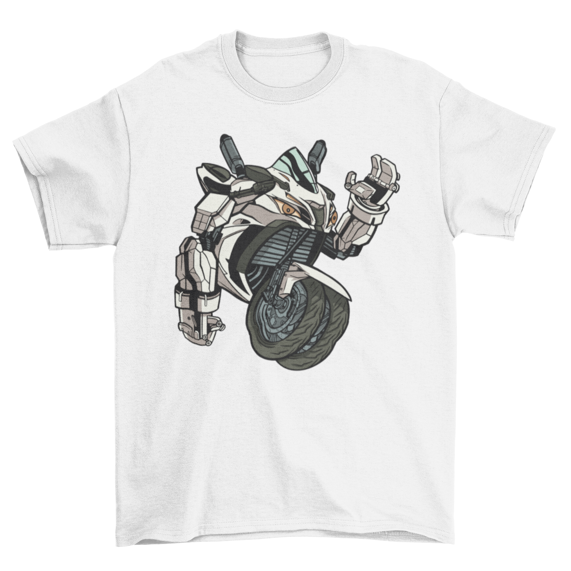 A stylish Motorcycle Robot T-shirt featuring a unique graphic design of a robot riding a motorcycle.